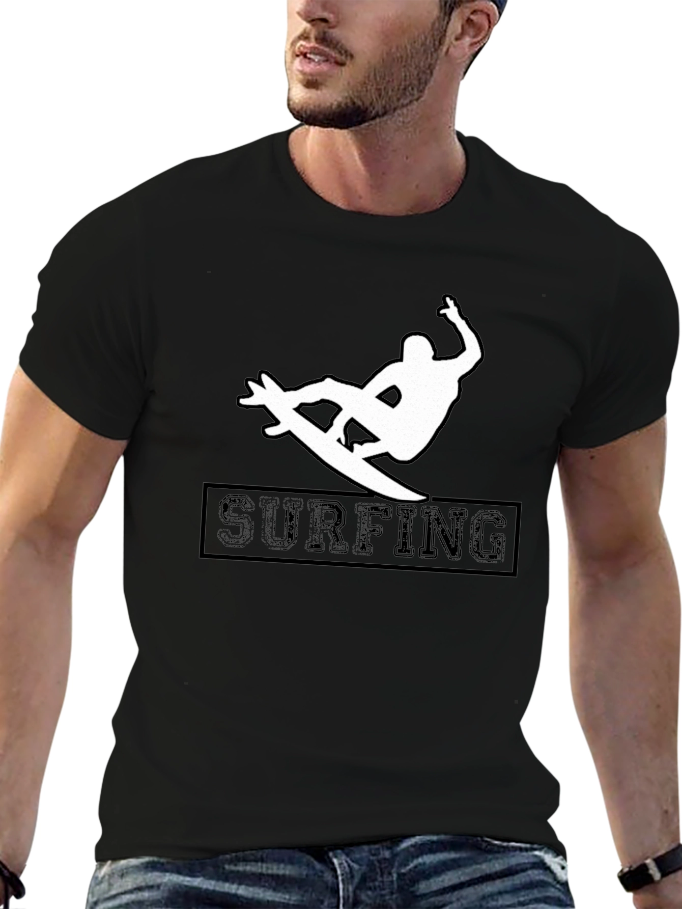 Surfing Silhouette Graphic Tee - Black Cotton Shirt