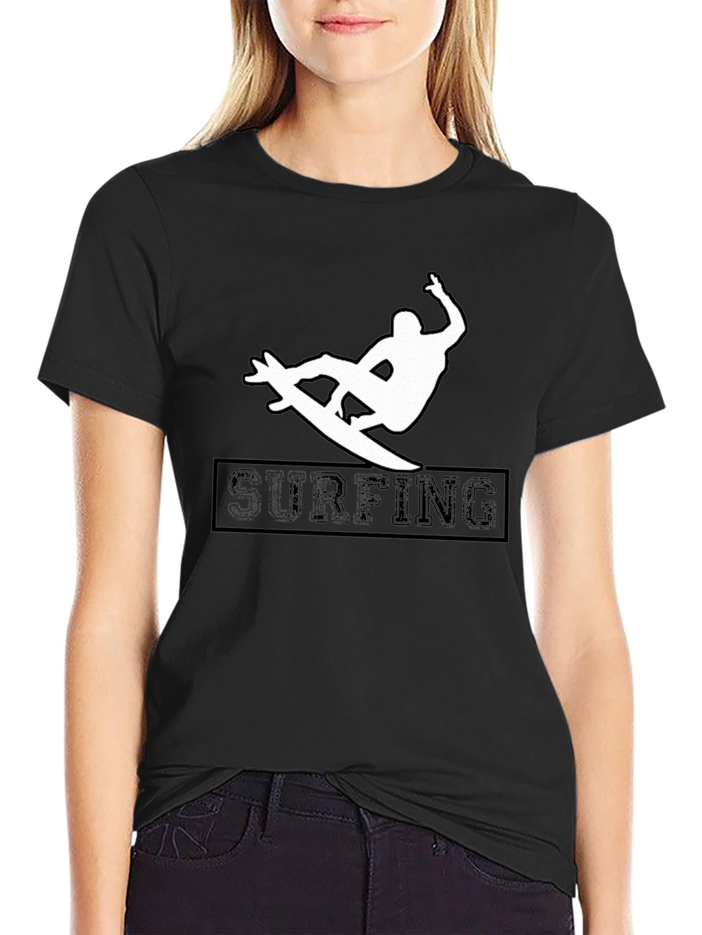 Surfing Silhouette Graphic Tee - Black Cotton Shirt