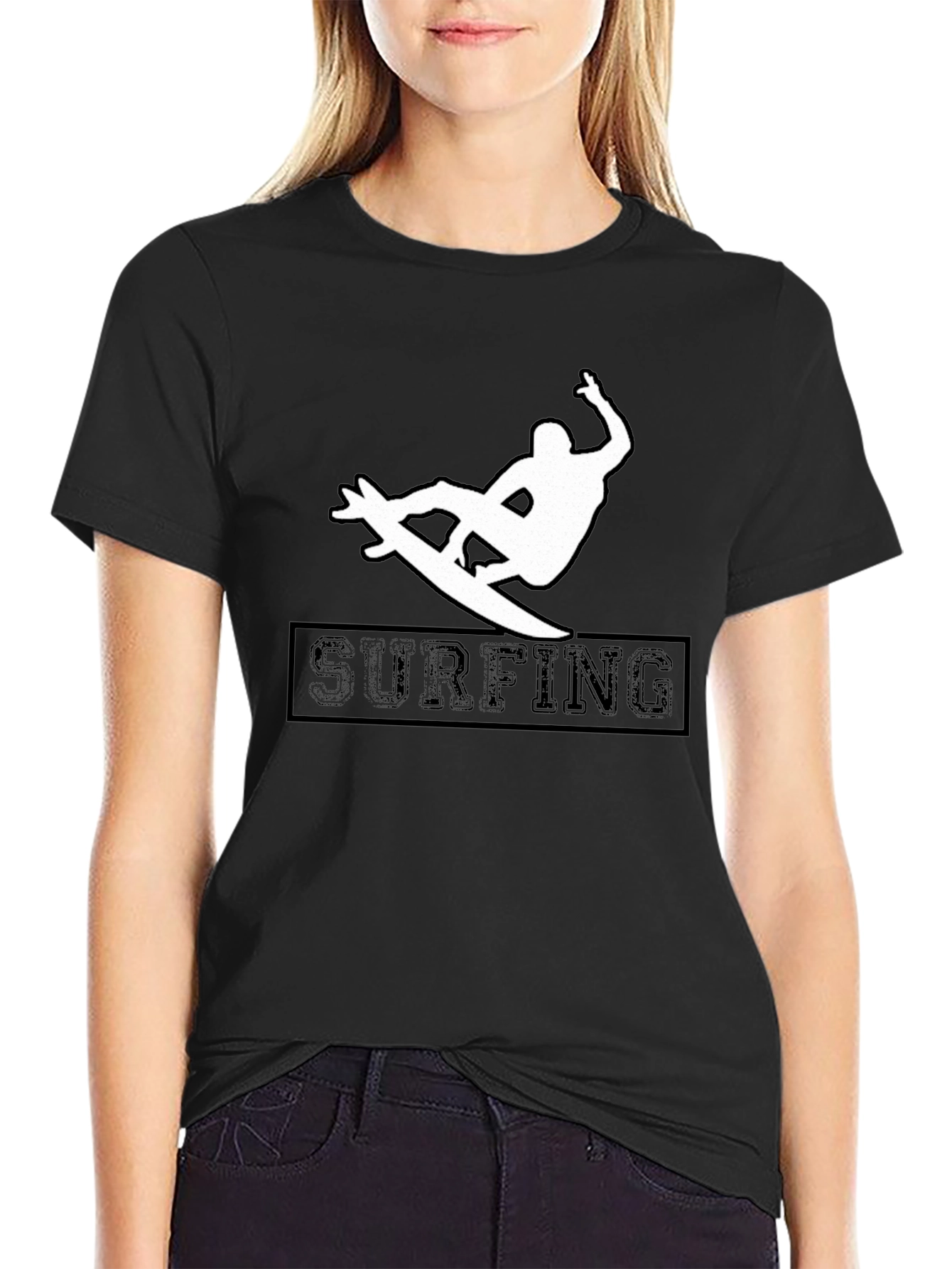 Surfing Silhouette Graphic Tee - Black Cotton Shirt
