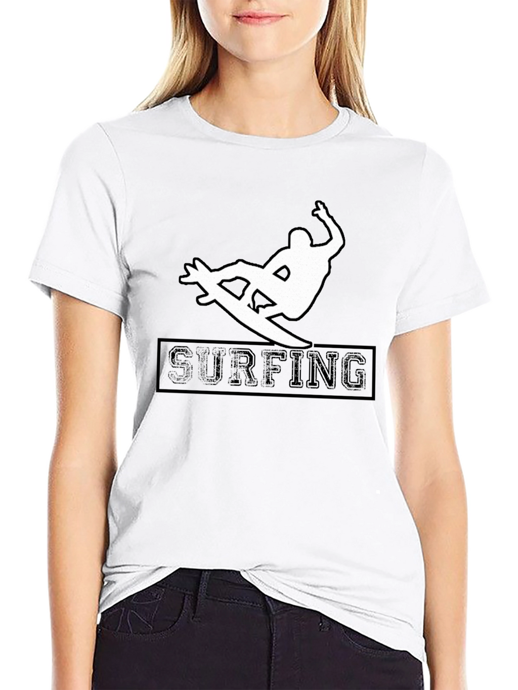 Surfing Silhouette Graphic Tee - Black Cotton Shirt