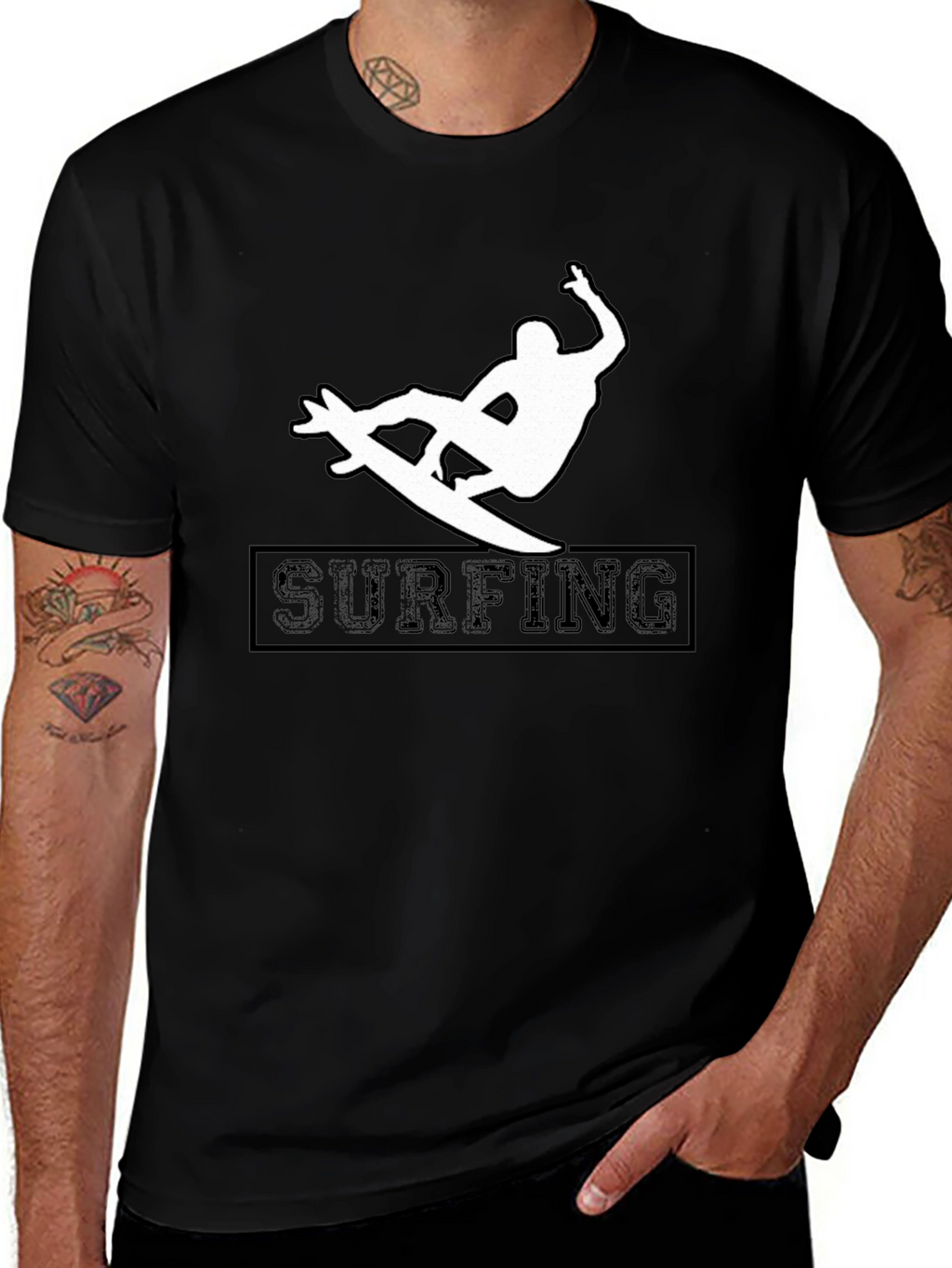 Surfing Silhouette Graphic Tee - Black Cotton Shirt