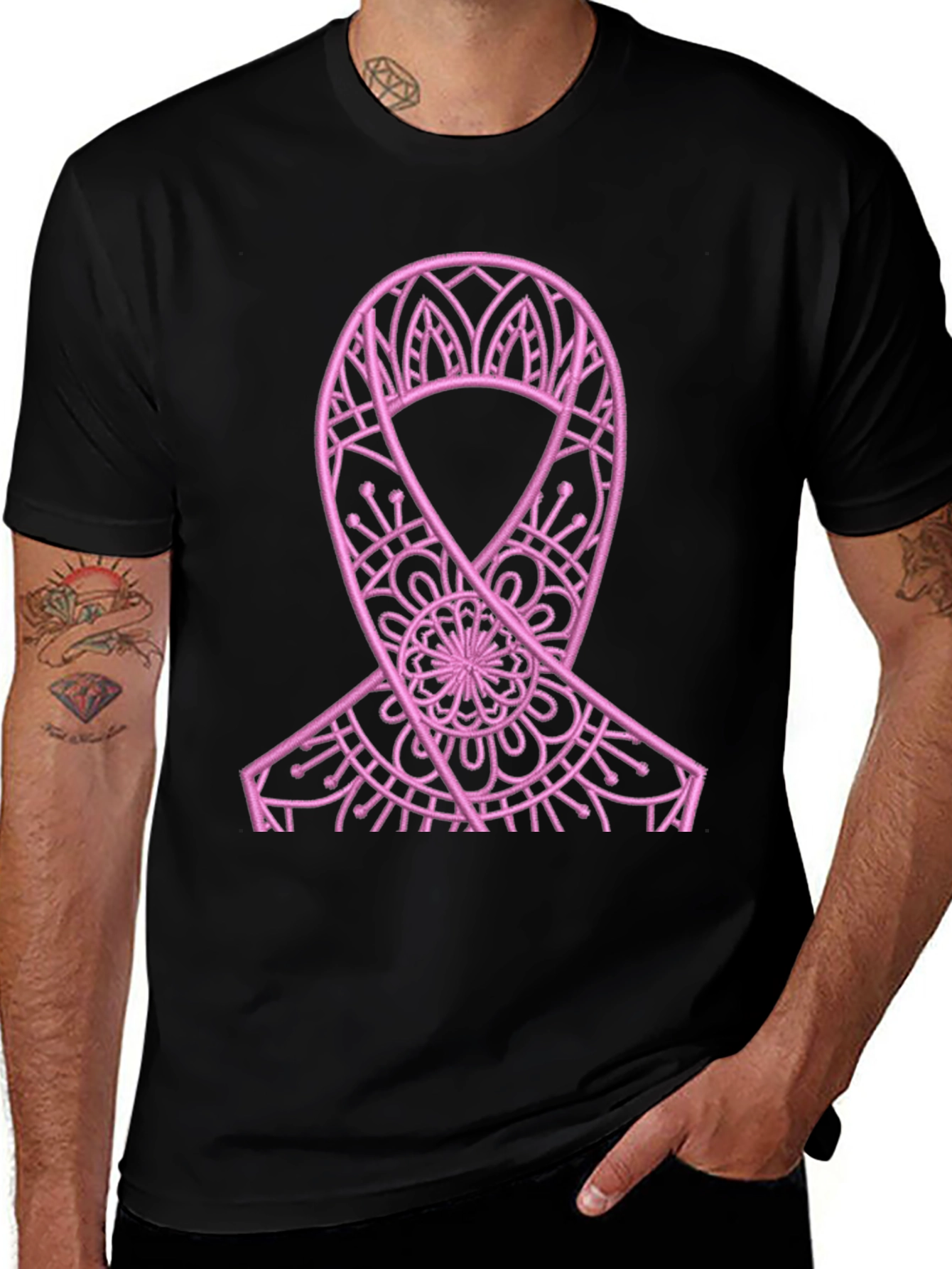 Pink Ribbon Mandala Black Tee