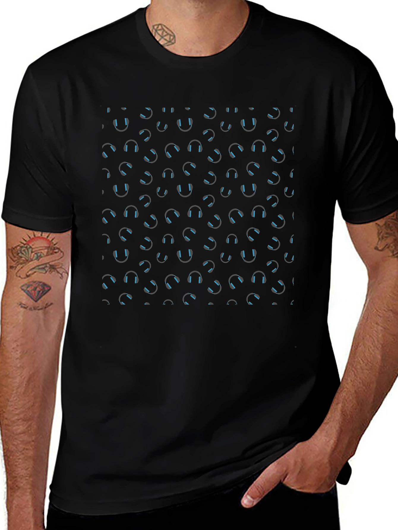 Headphone Pattern Black T-Shirt