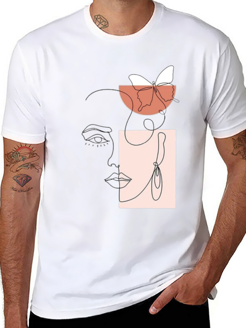Abstract Face & Butterfly Graphic Black T-Shirt