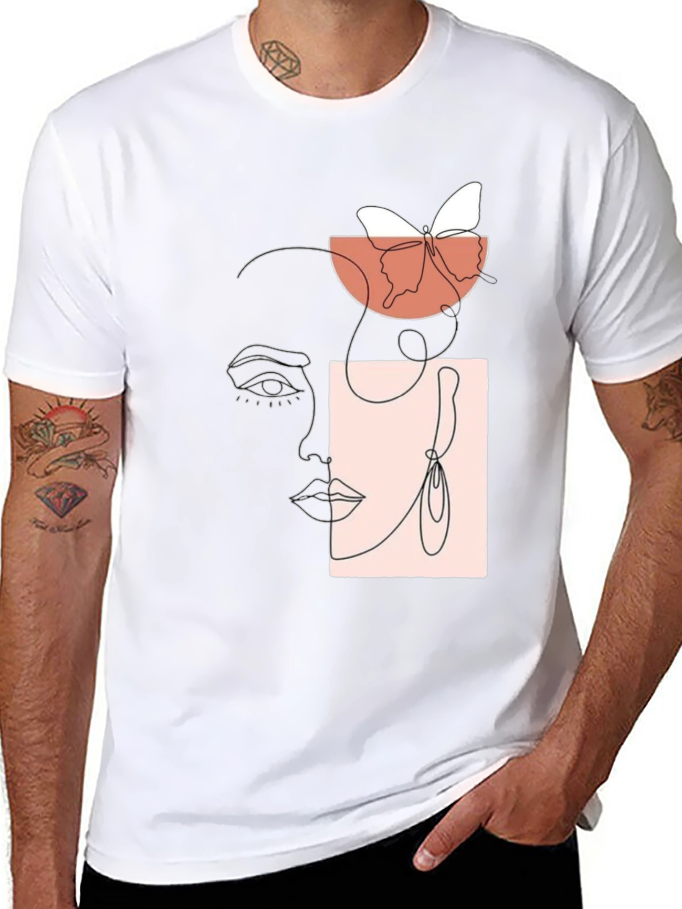 Abstract Face & Butterfly Graphic Black T-Shirt