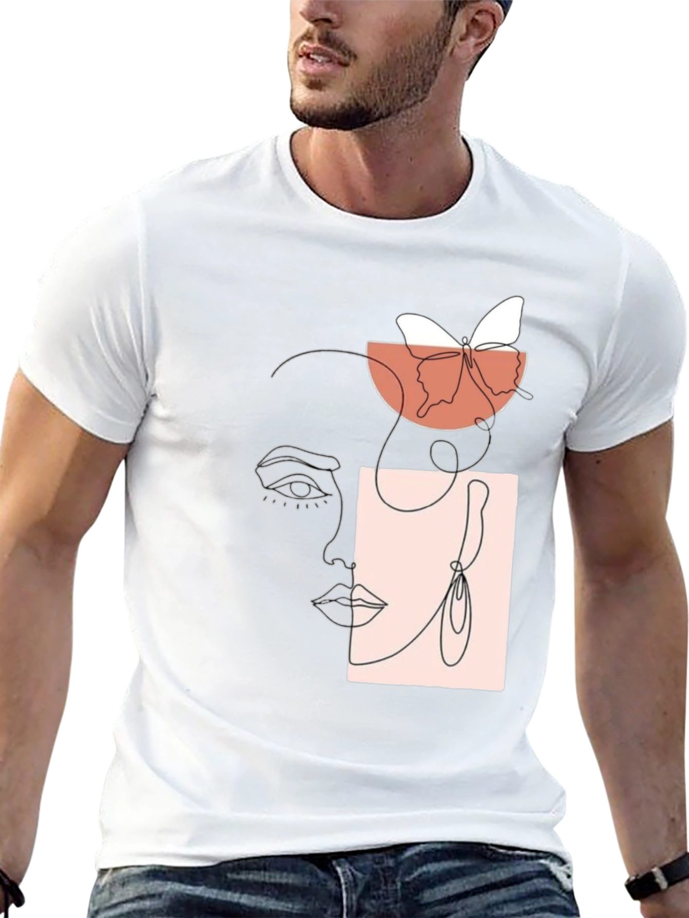 Abstract Face & Butterfly Graphic Black T-Shirt