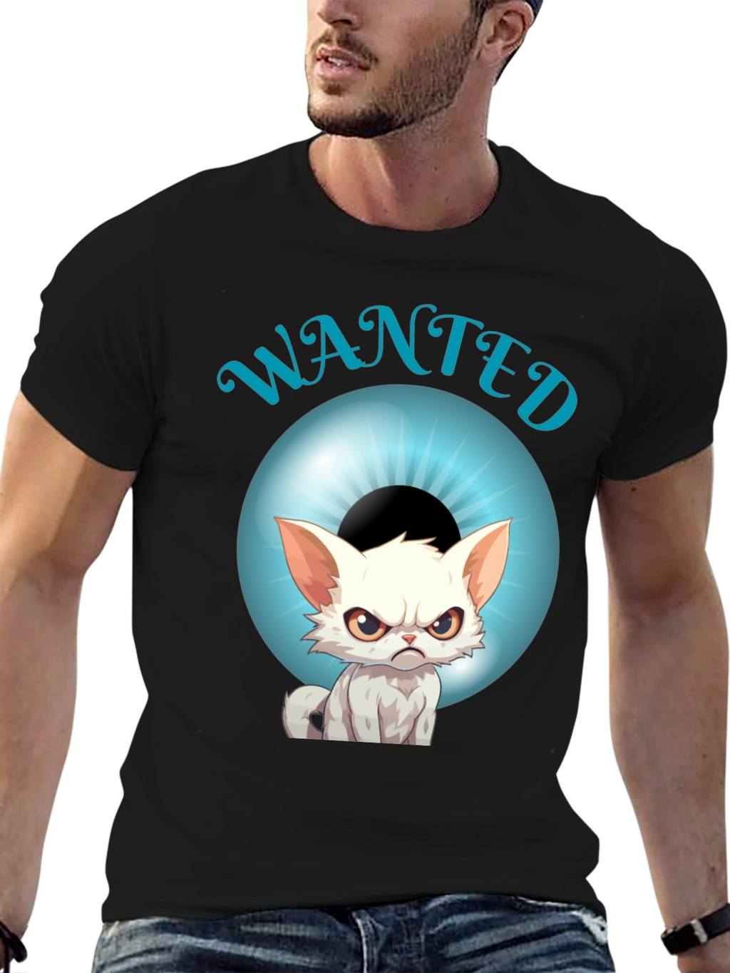 Wanted Cat Graphic T-Shirt - Mens Black Tee