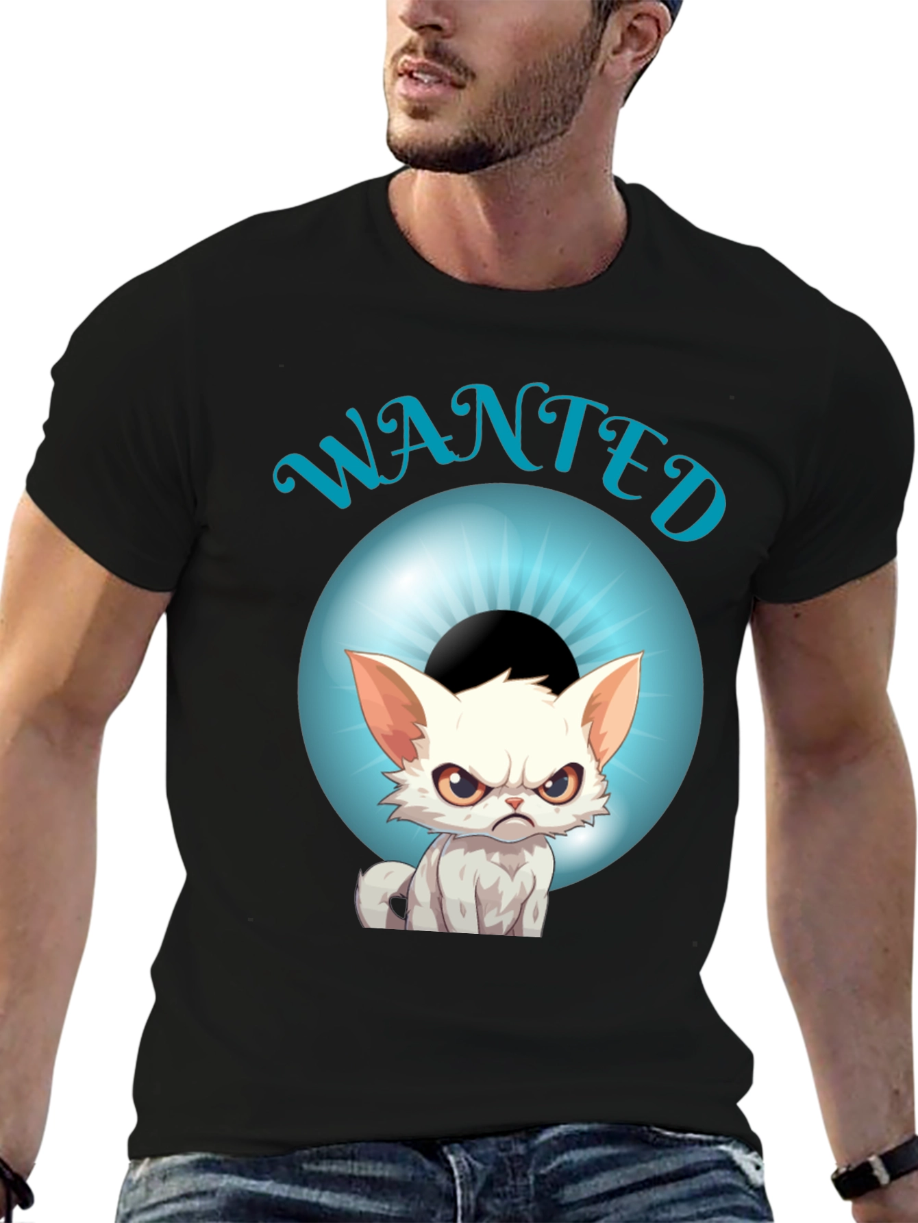 Wanted Cat Graphic T-Shirt - Mens Black Tee