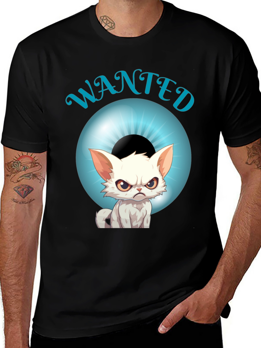Wanted Cat Graphic T-Shirt - Mens Black Tee