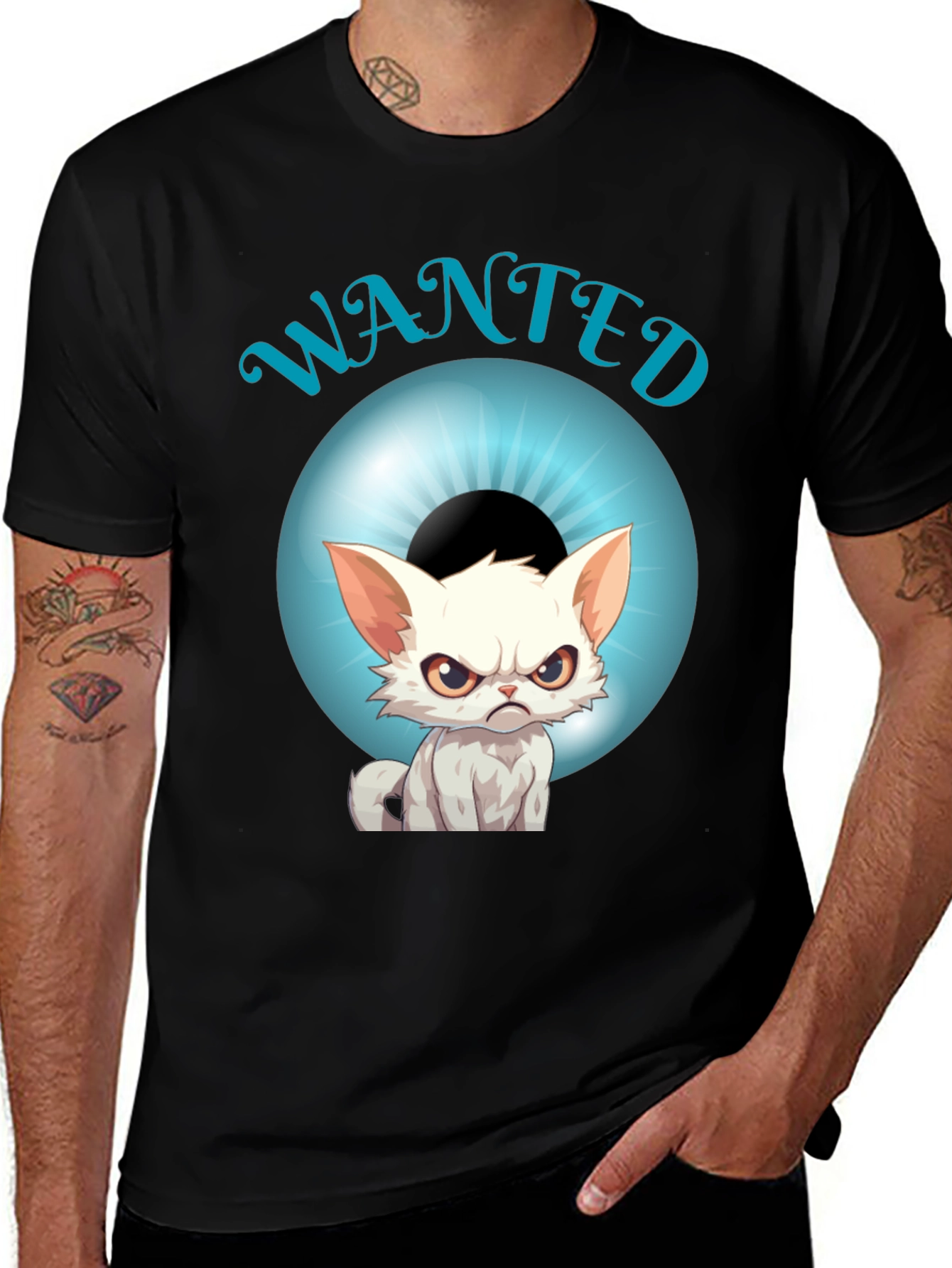 Wanted Cat Graphic T-Shirt - Mens Black Tee