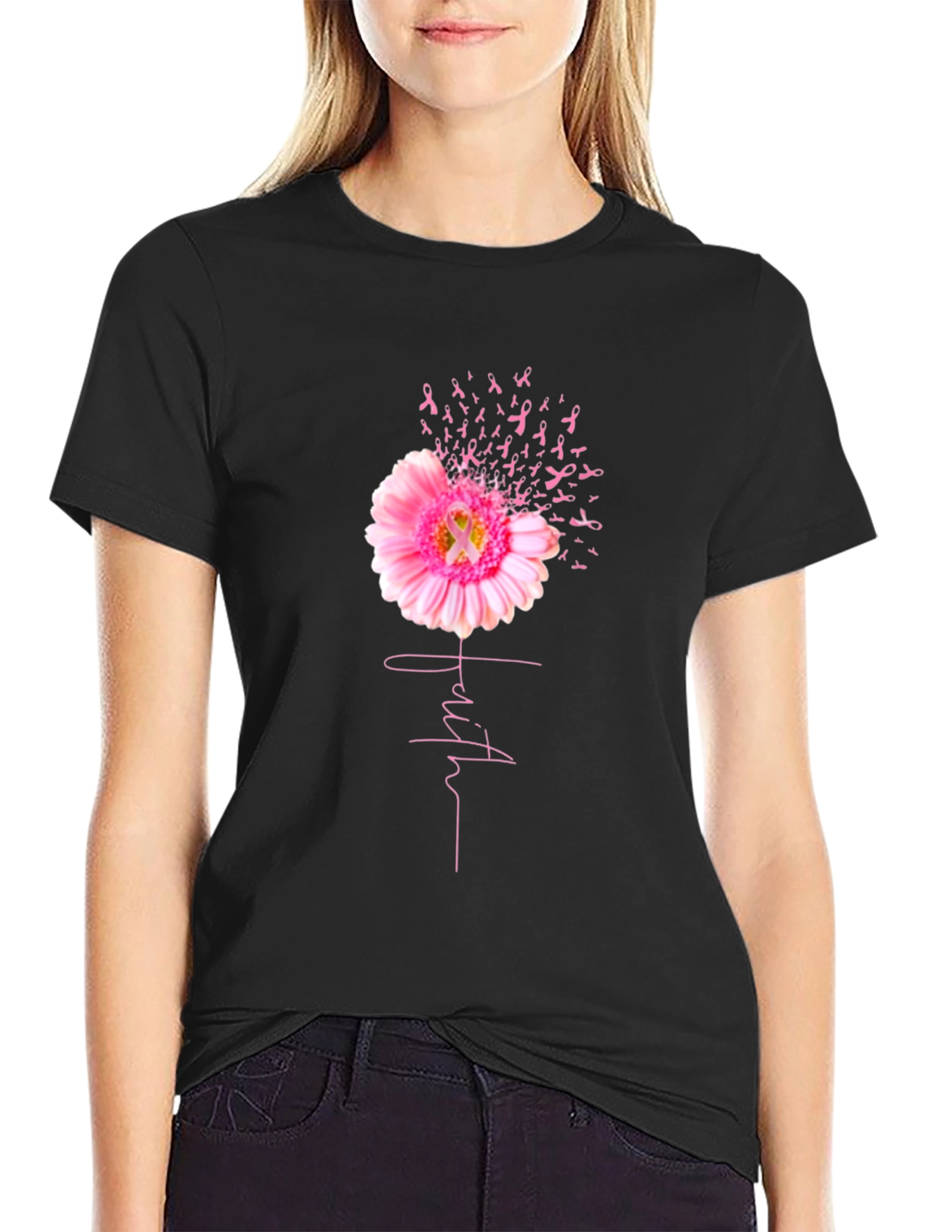 Faith Pink Ribbon Flower T-Shirt