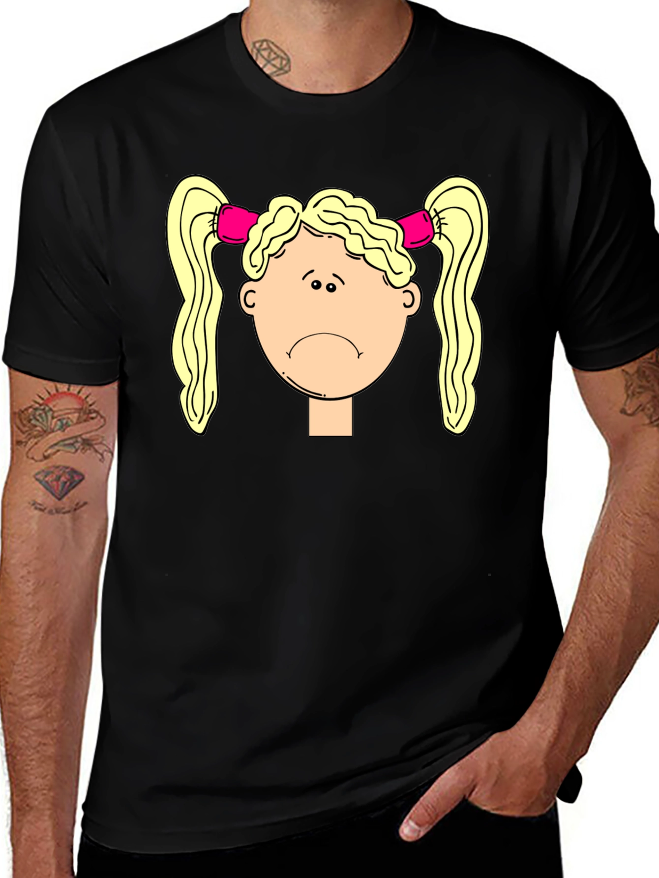 Sad Girl Cartoon Graphic Black T-Shirt