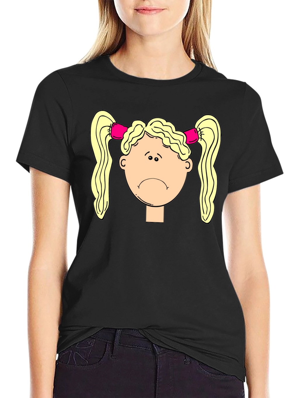 Sad Girl Cartoon Graphic Black T-Shirt