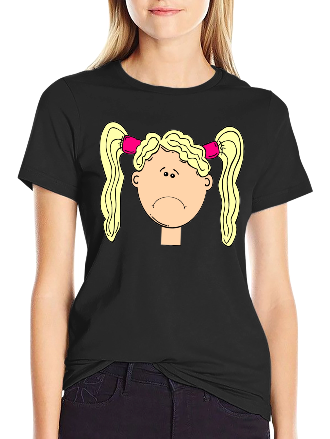 Sad Girl Cartoon Graphic Black T-Shirt
