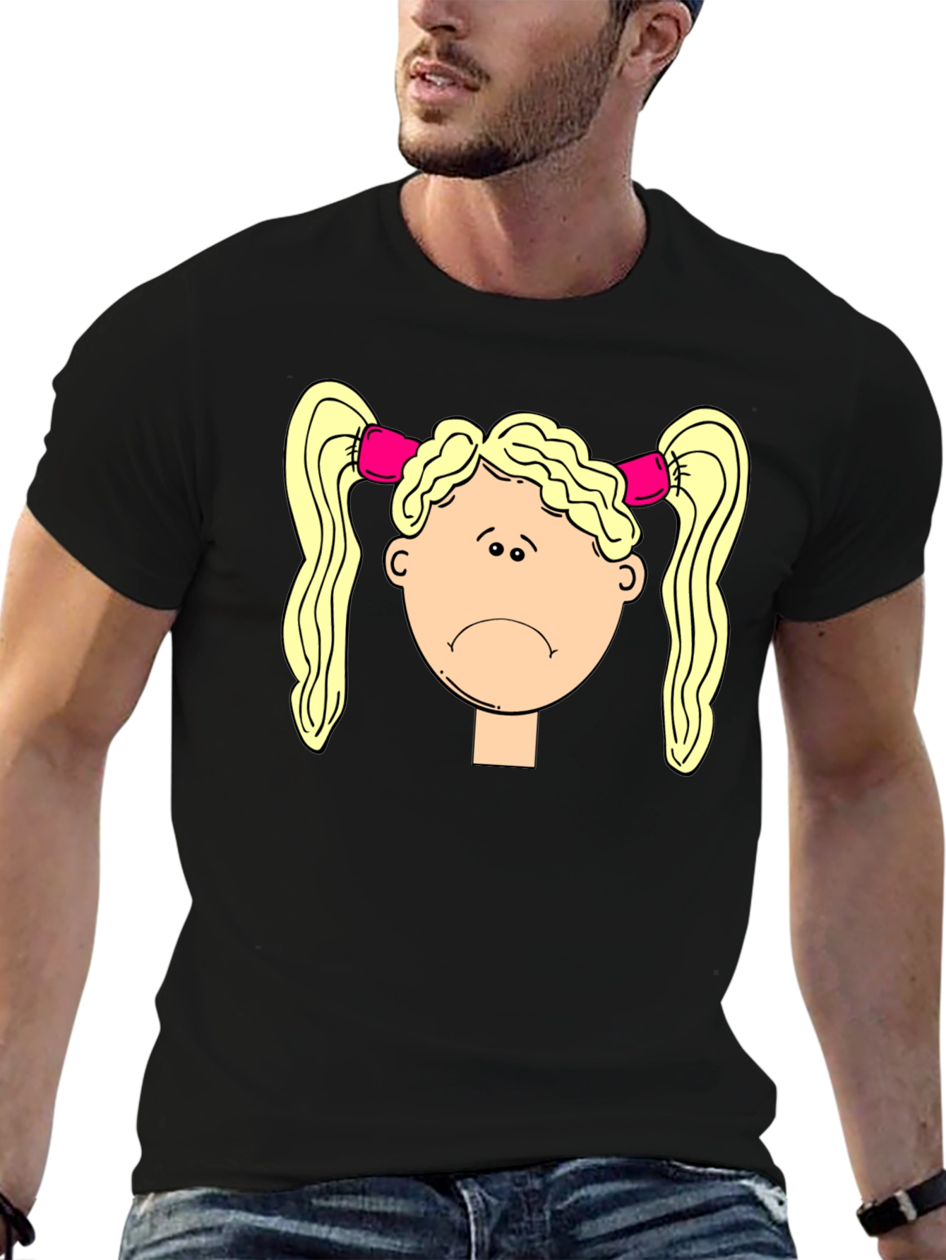 Sad Girl Cartoon Graphic Black T-Shirt