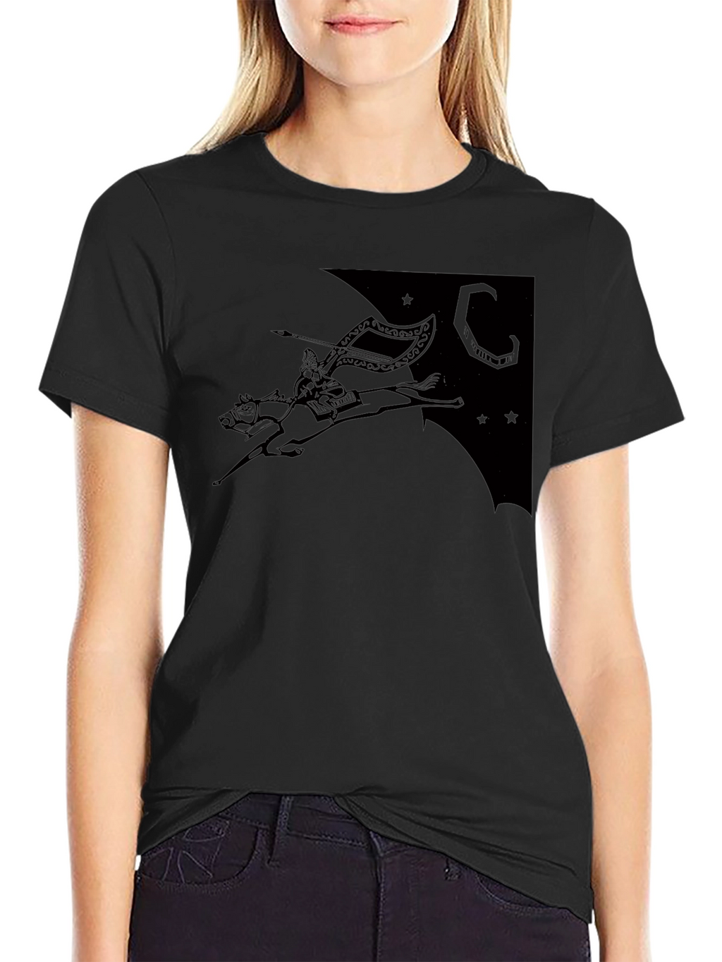Black T-Shirt with Horse Rider Print