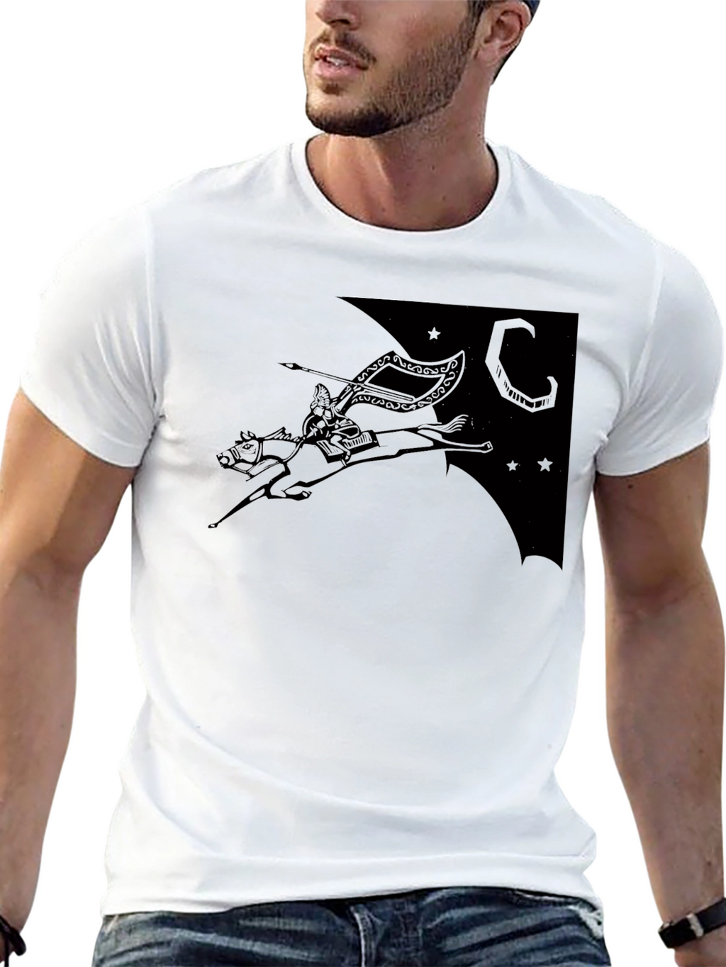 Black T-Shirt with Horse Rider Print
