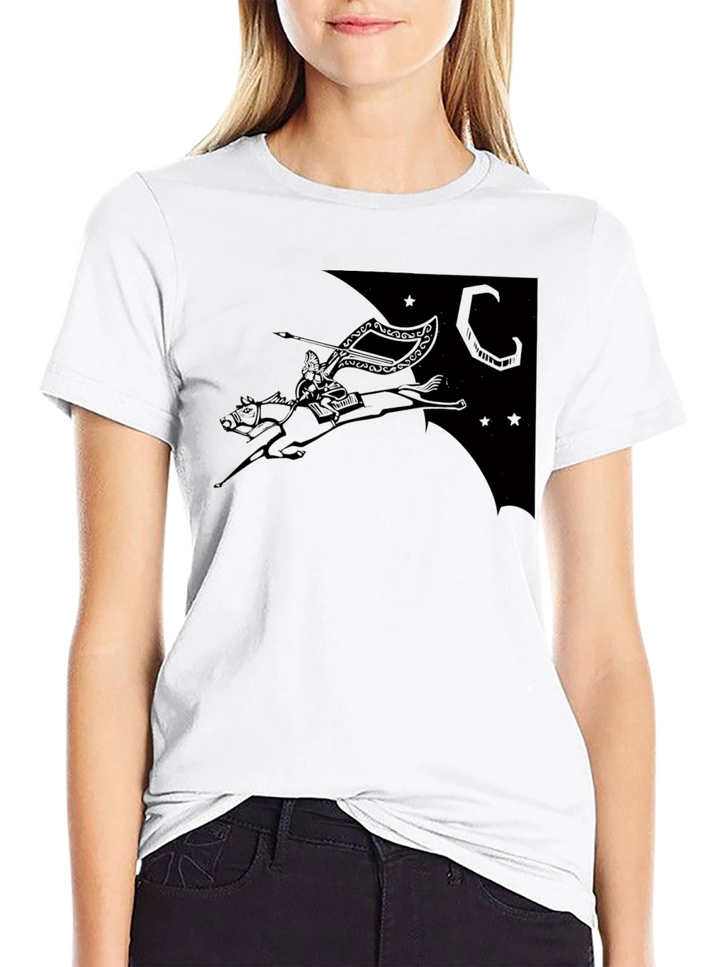 Black T-Shirt with Horse Rider Print