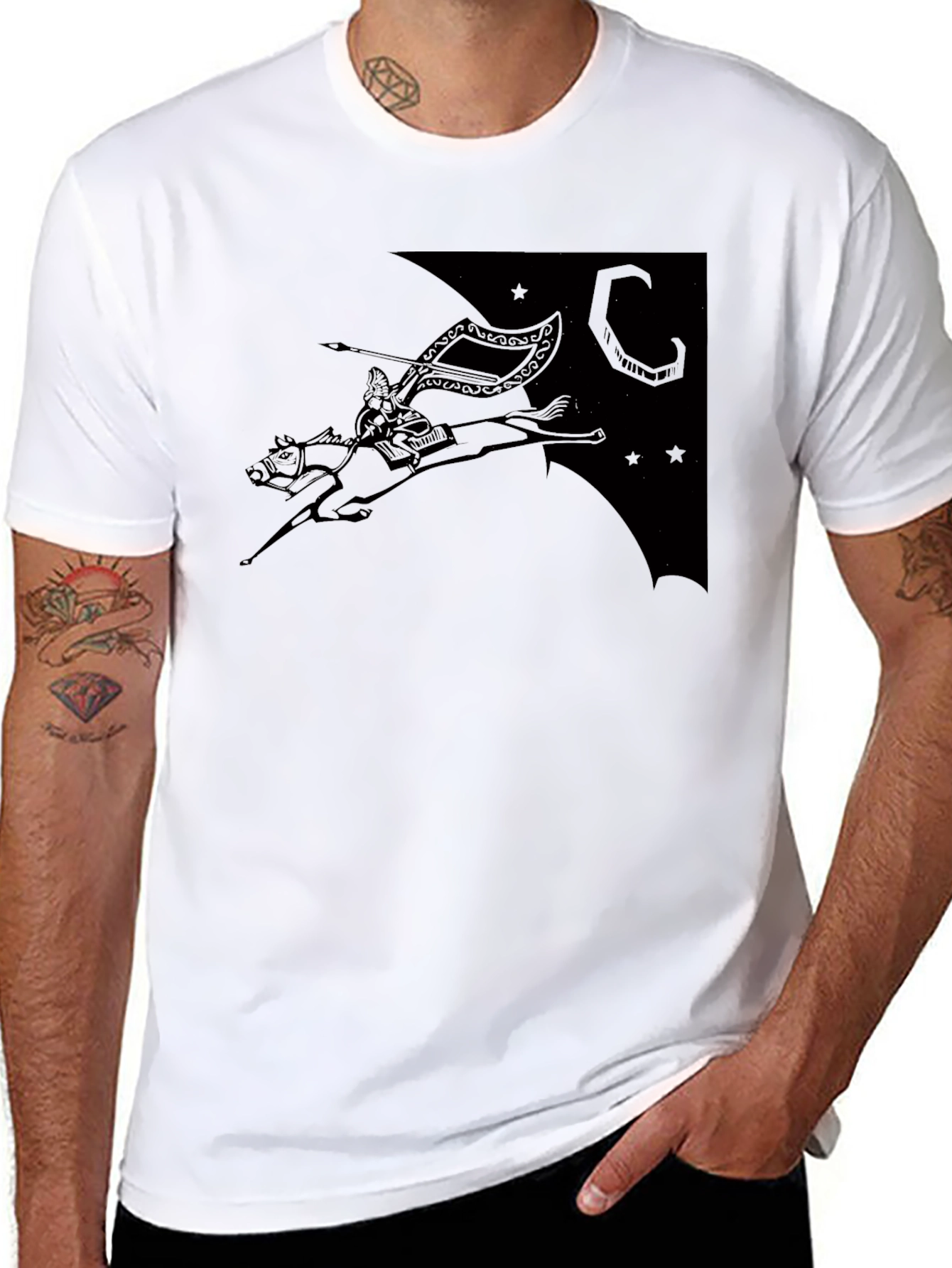Black T-Shirt with Horse Rider Print