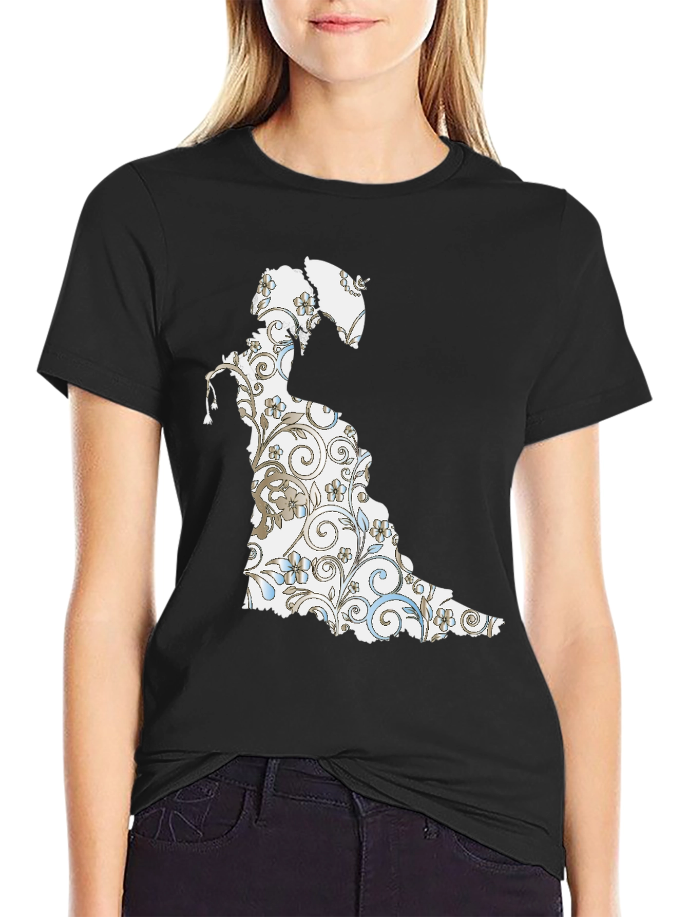 Floral Silhouette Graphic Tee - Black Cotton