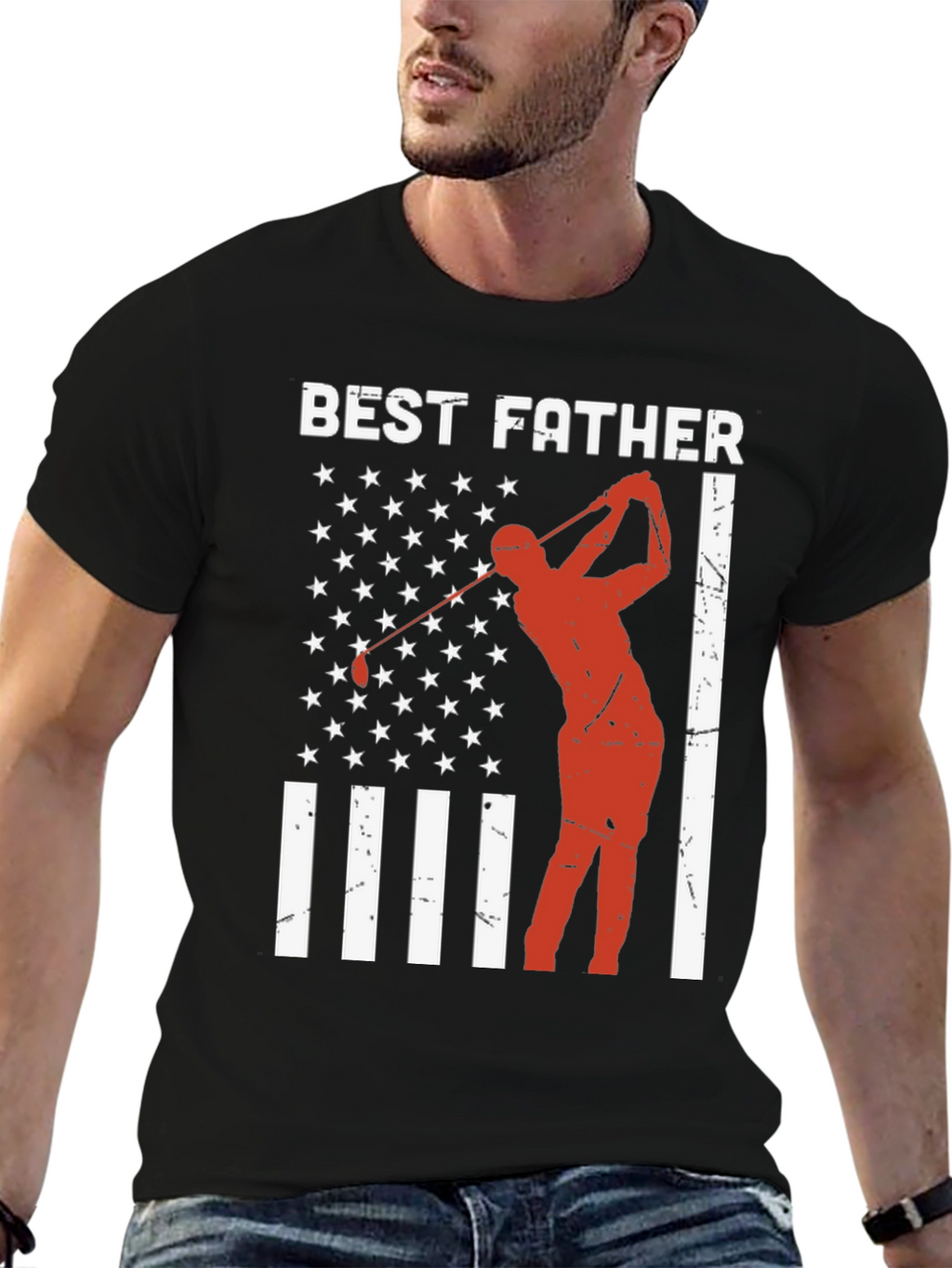 Best Father Golf T-Shirt - American Flag Design