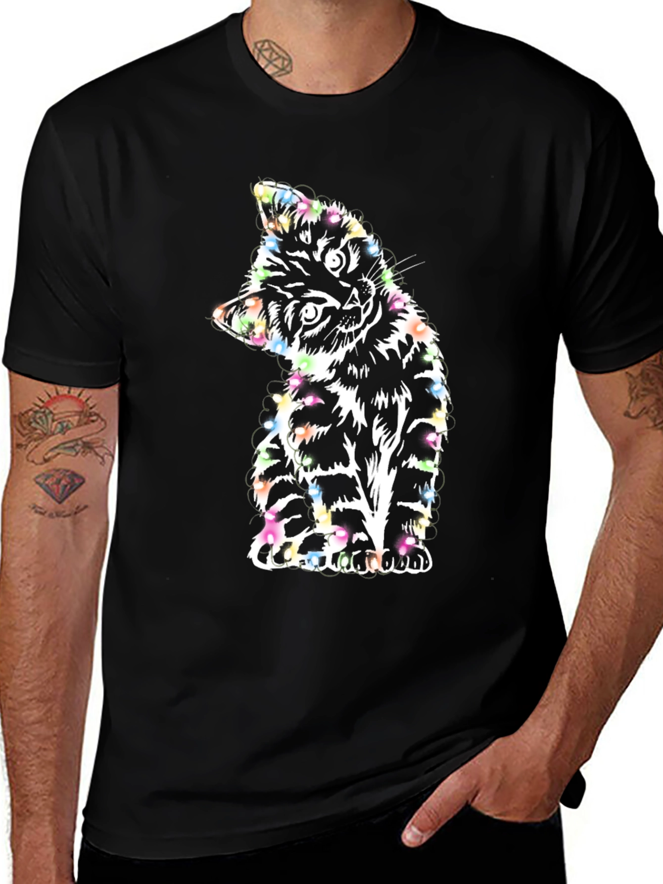Colorful Kitten Graphic Black T-Shirt