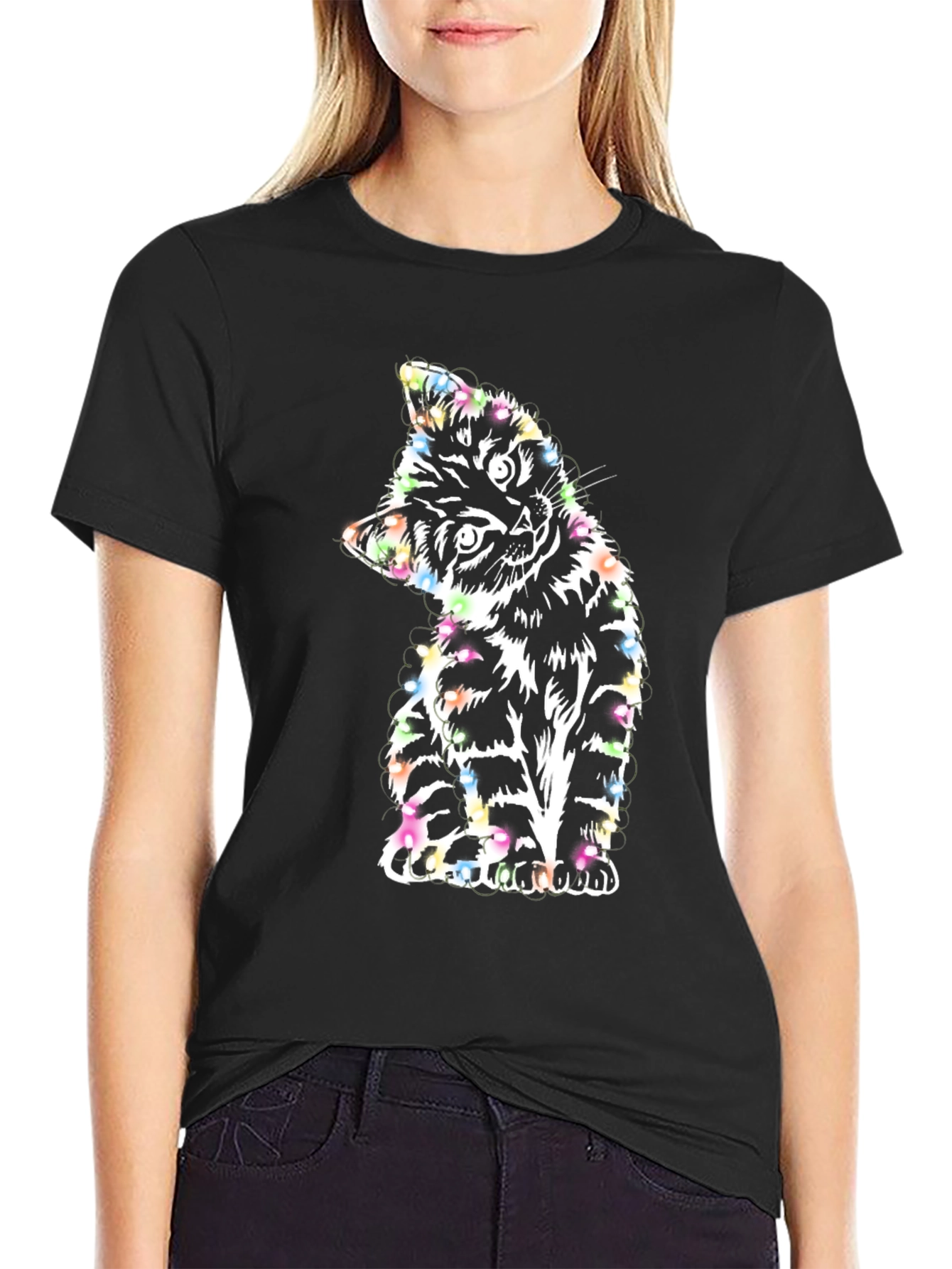 Colorful Kitten Graphic Black T-Shirt