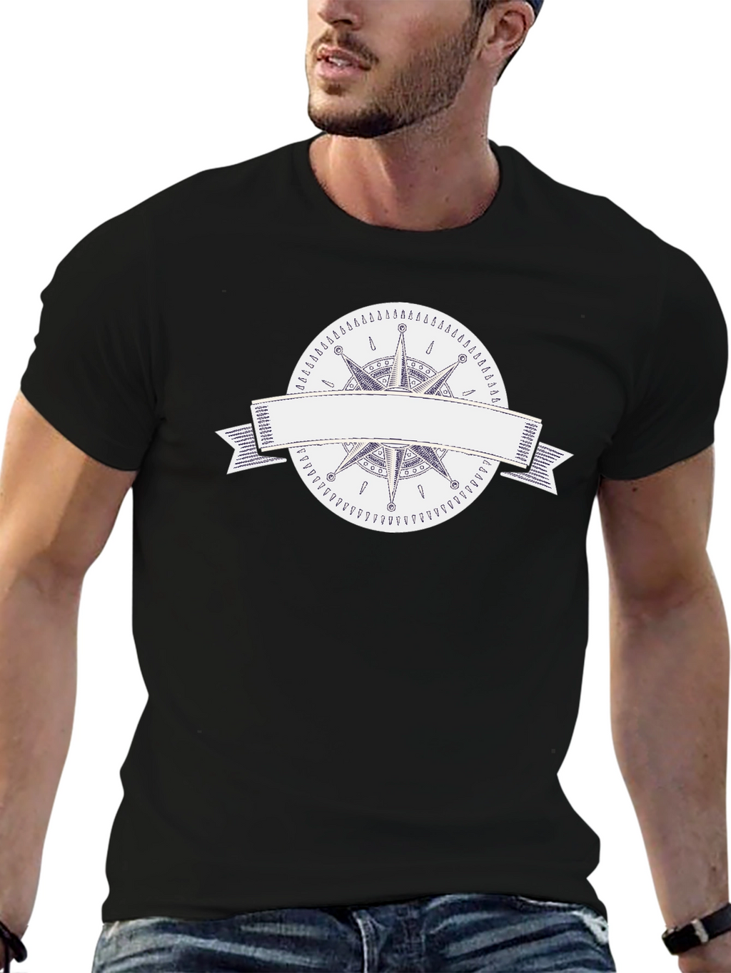 Mens Black T-Shirt with Compass Rose Graphic