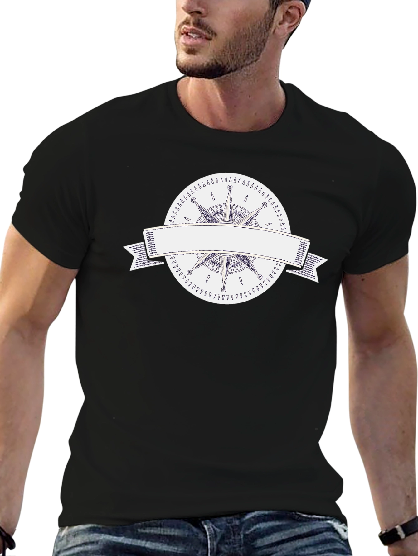 Mens Black T-Shirt with Compass Rose Graphic