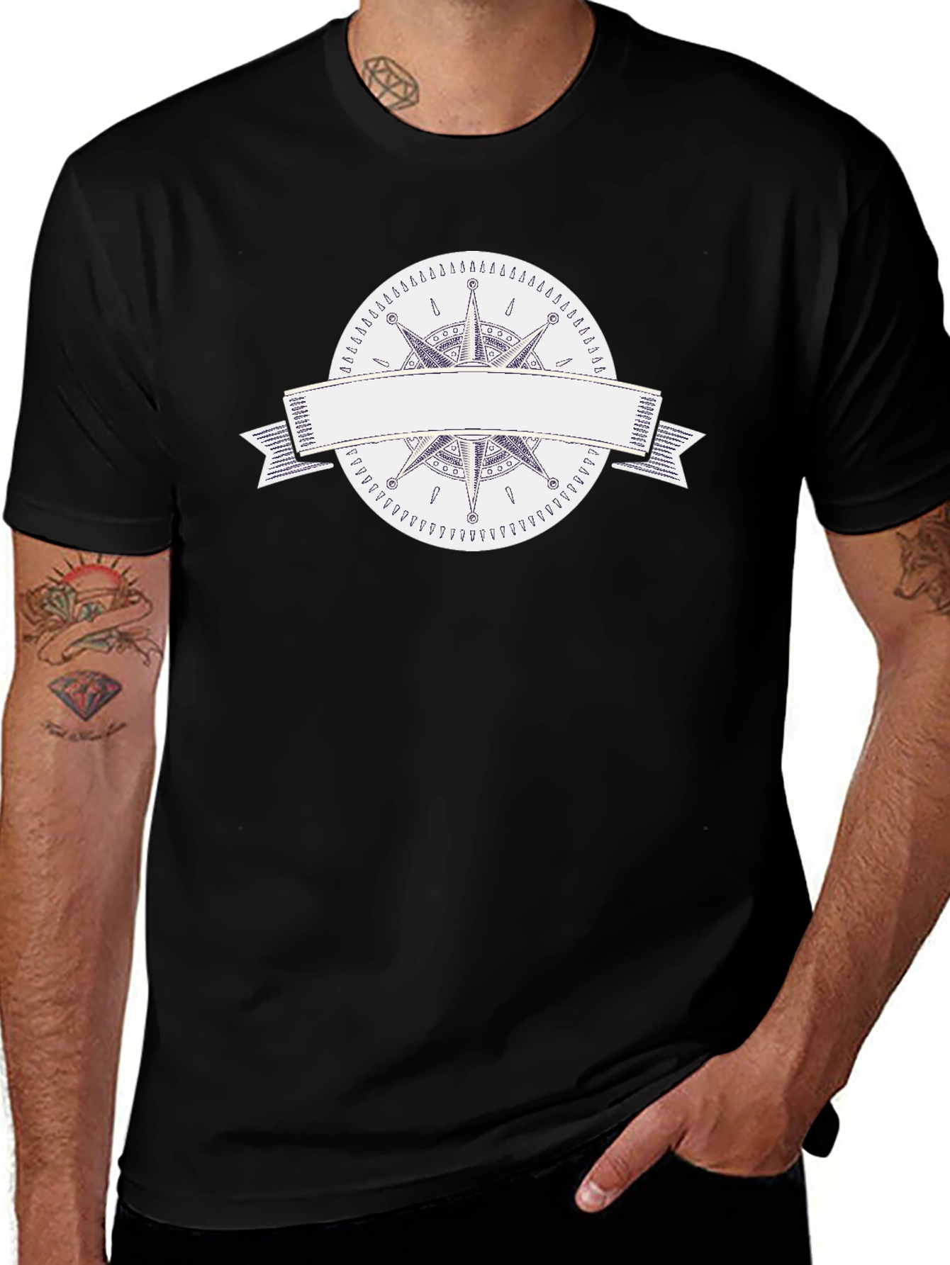 Mens Black T-Shirt with Compass Rose Graphic