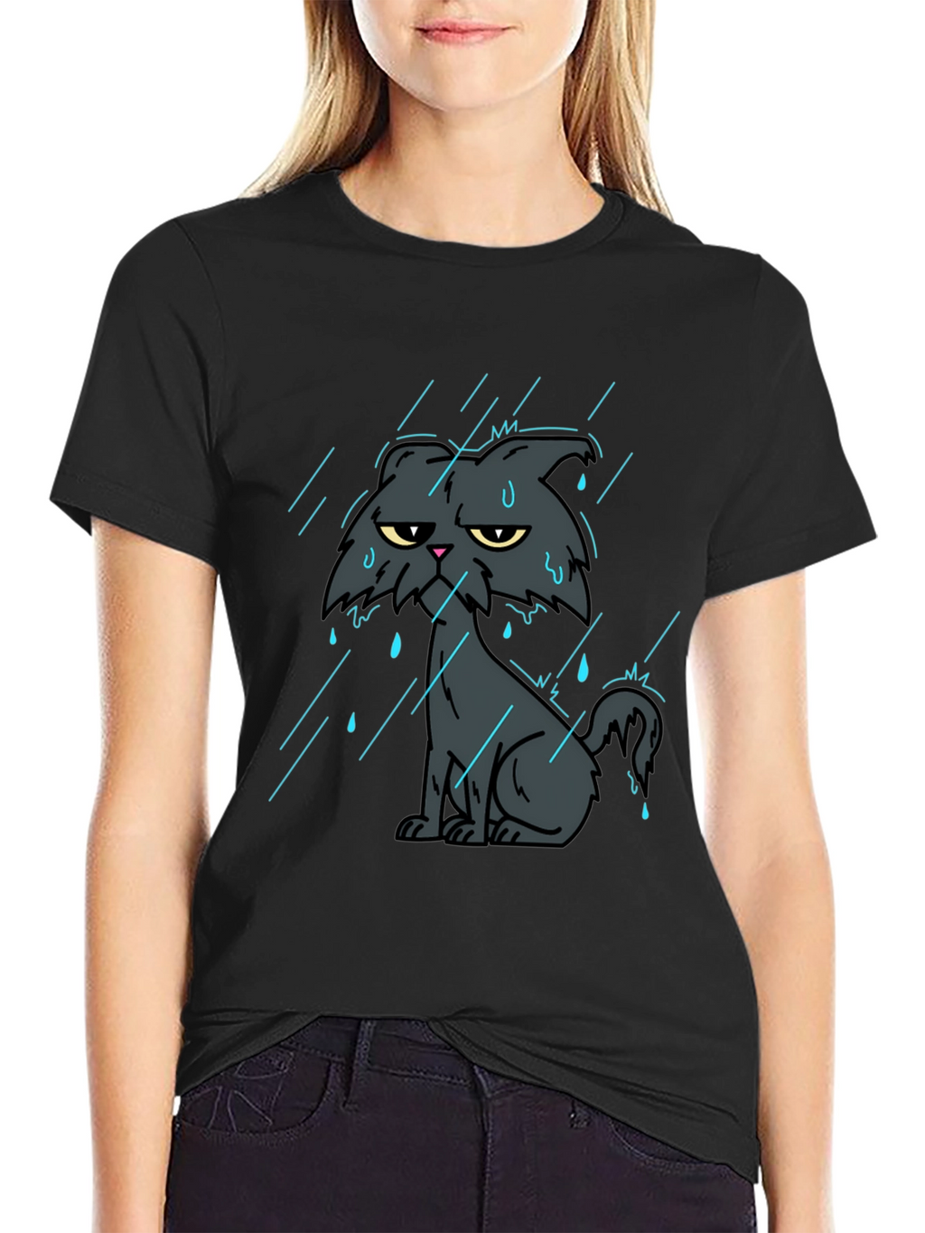 Grumpy Cat in Rain Black T-Shirt