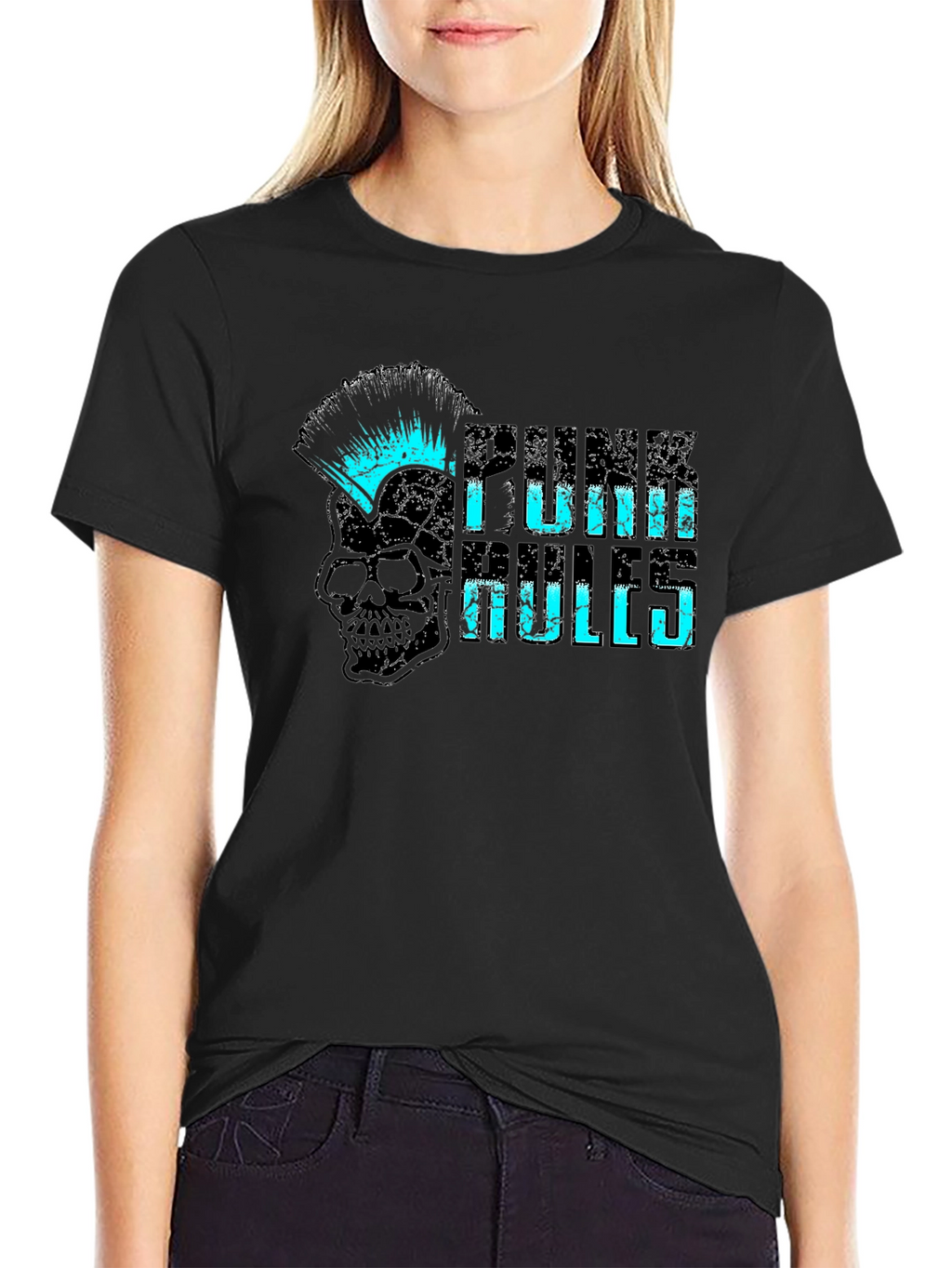 Punk Rules Skull Graphic Tee - Black Cotton T-Shirt