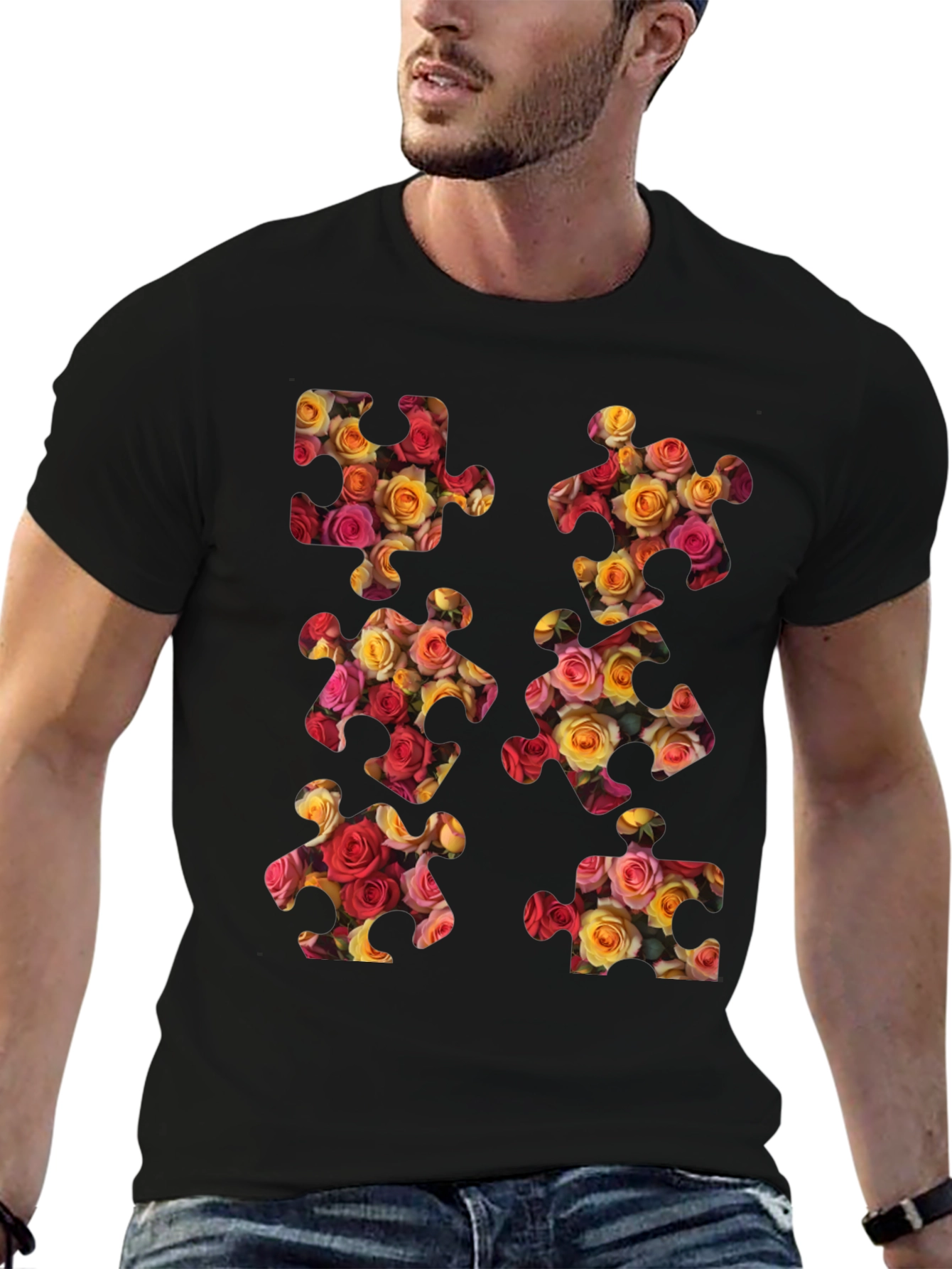 Floral Puzzle Piece Graphic Tee - Stylish & Unique