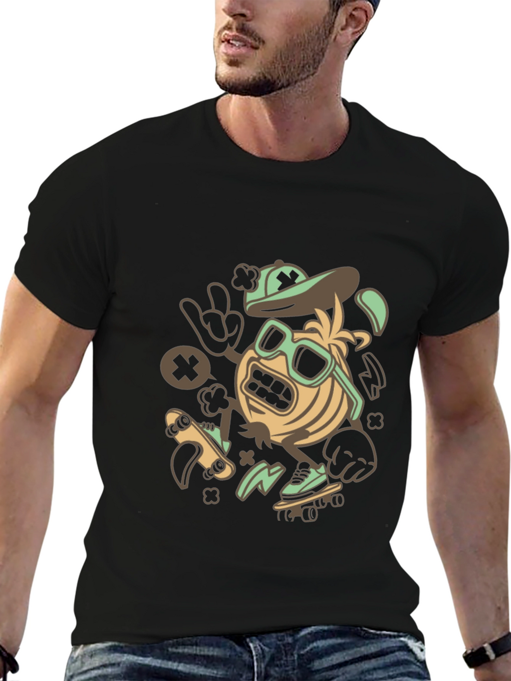 Skateboarding Character Graphic Tee - Black