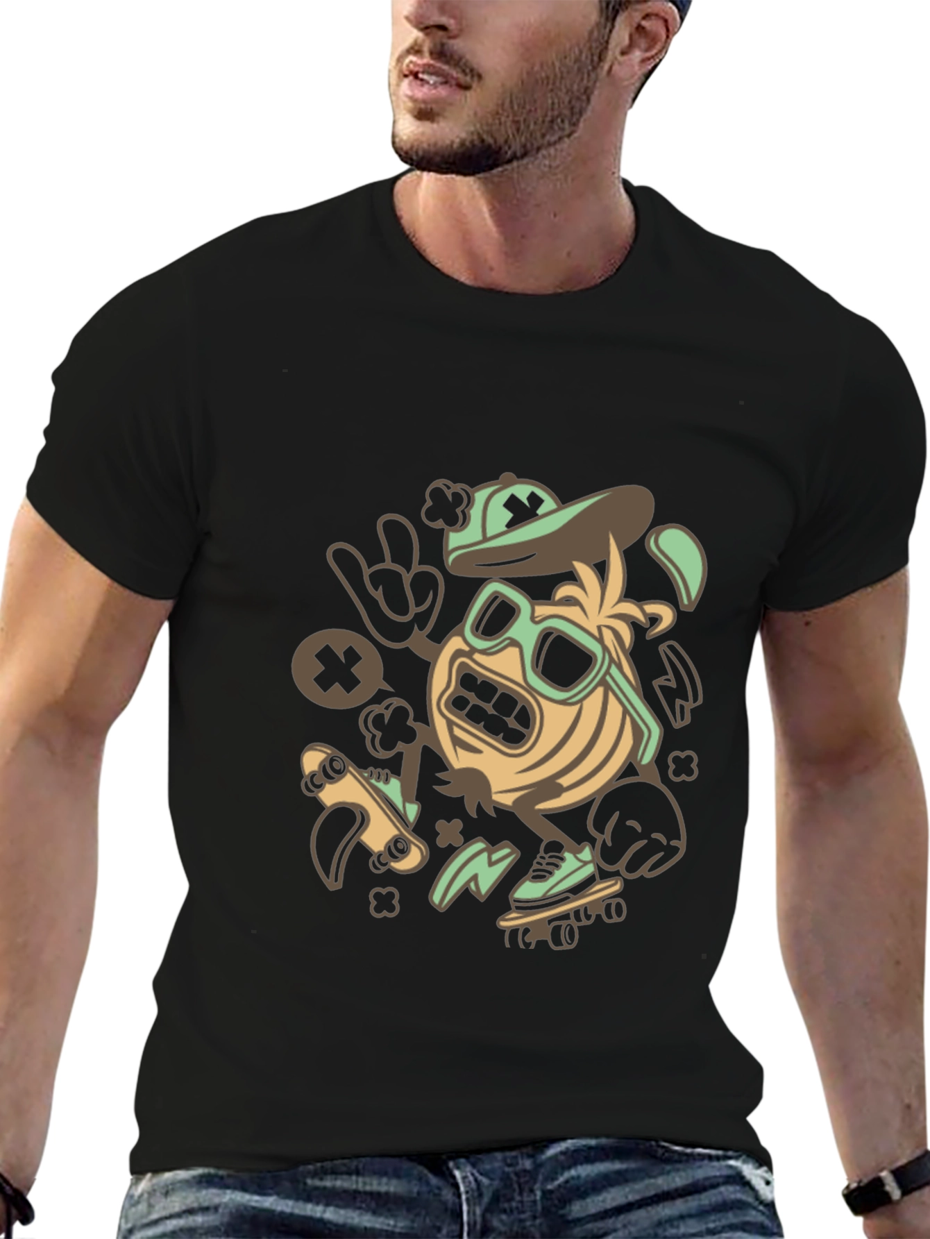 Skateboarding Character Graphic Tee - Black