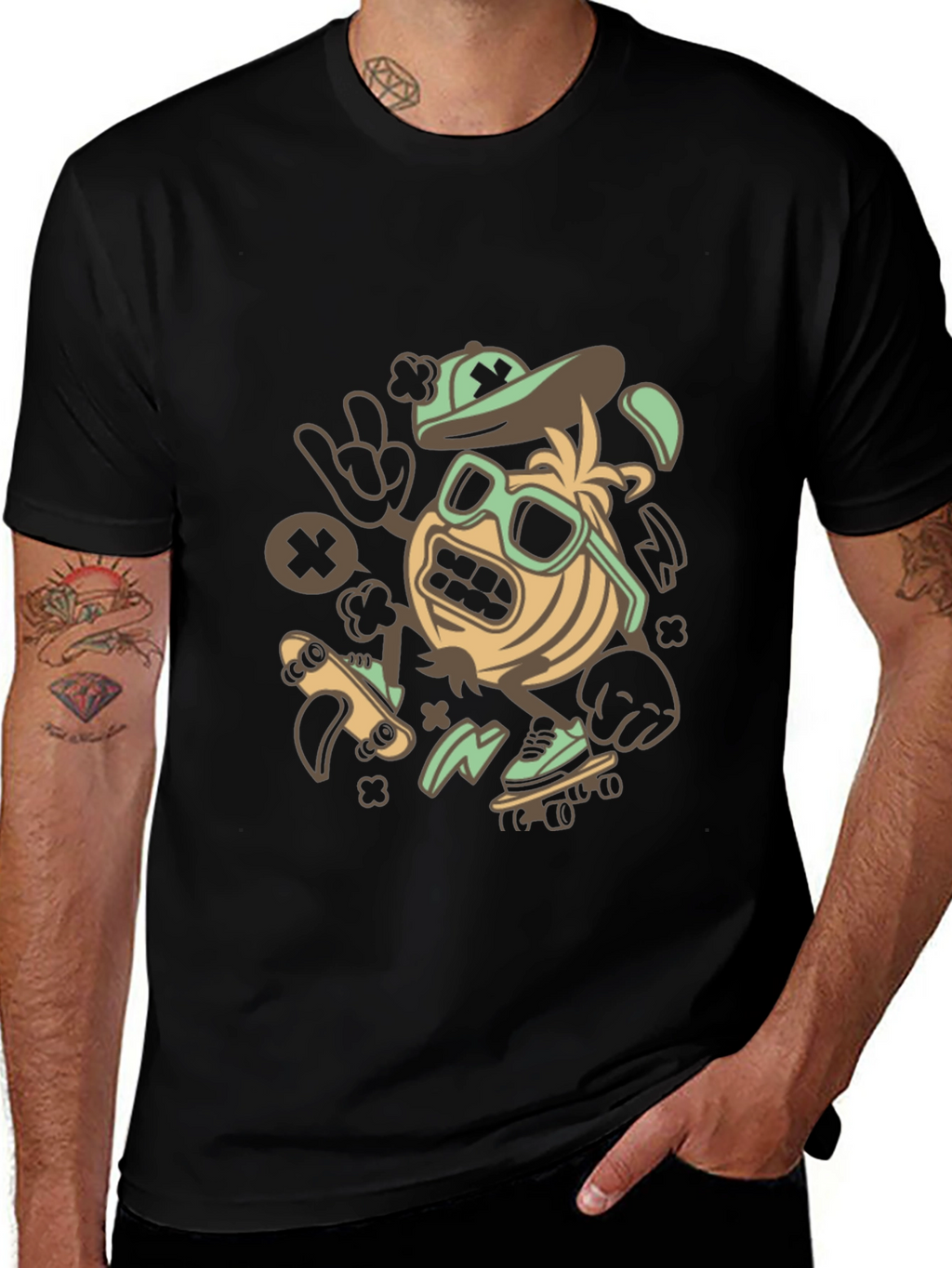 Skateboarding Character Graphic Tee - Black