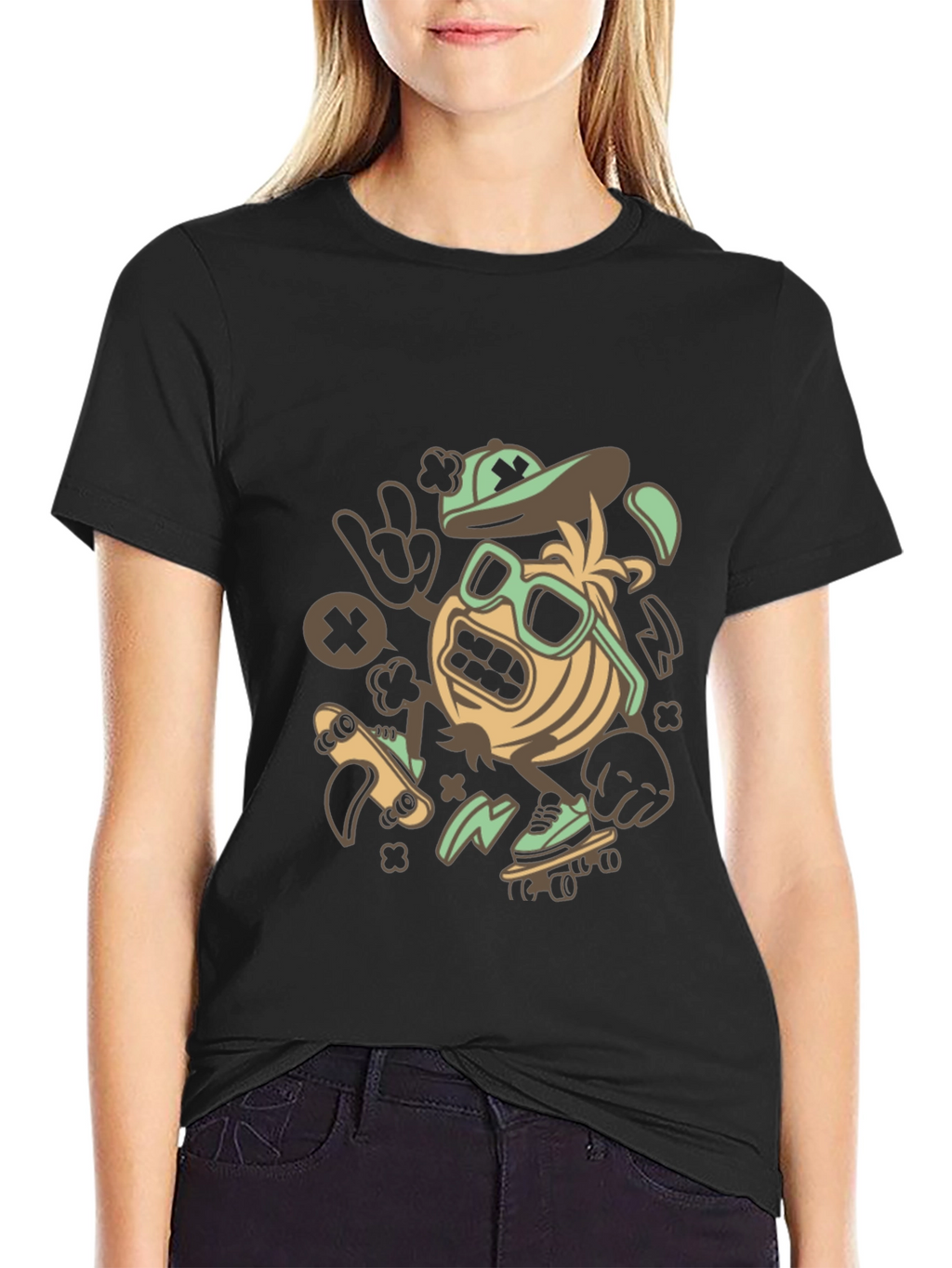 Skateboarding Character Graphic Tee - Black