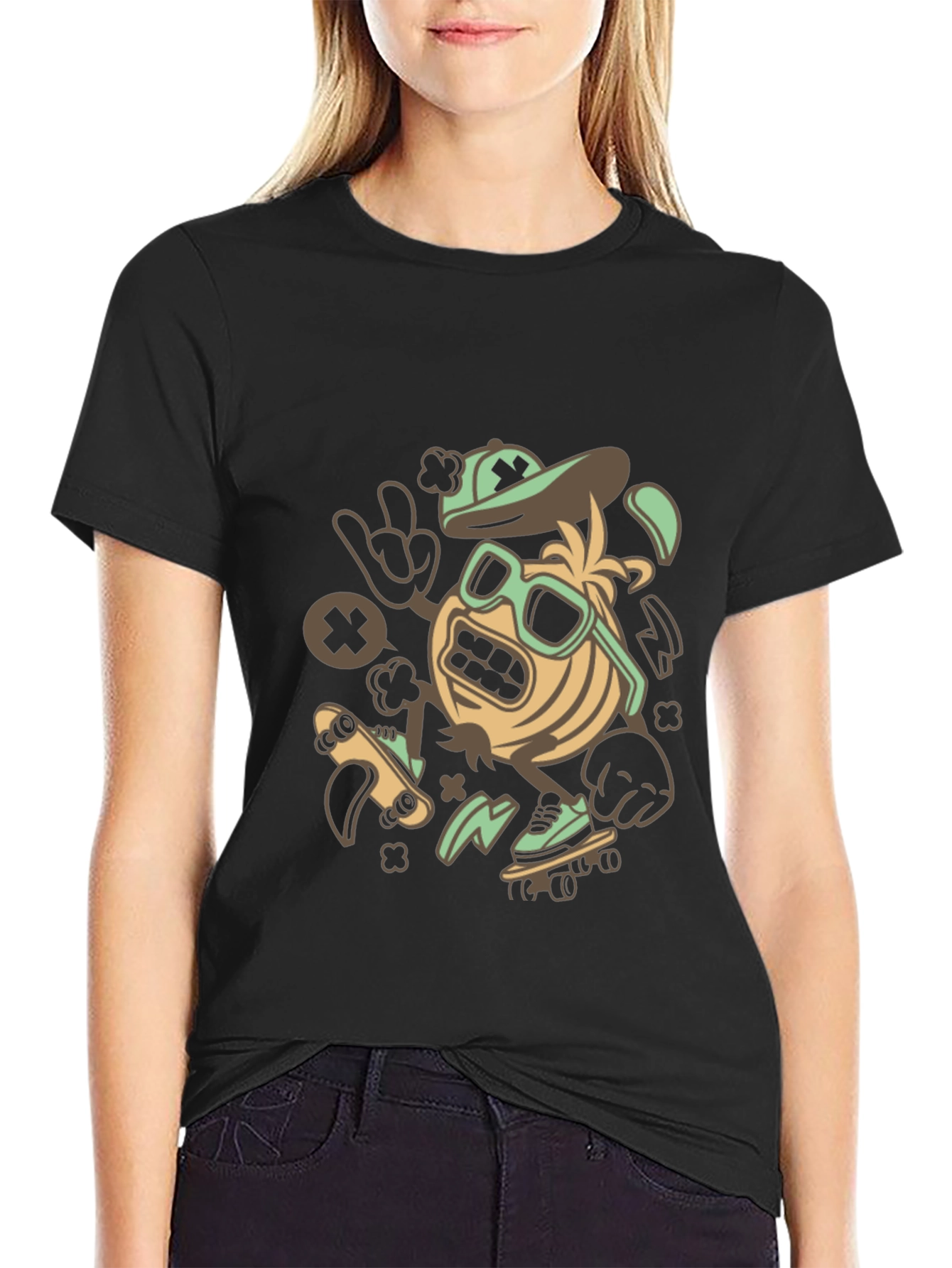 Skateboarding Character Graphic Tee - Black