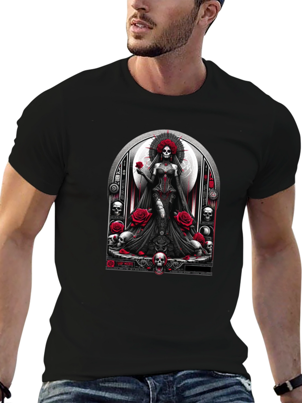 Lady Death T-Shirt - Gothic Skull & Roses Design