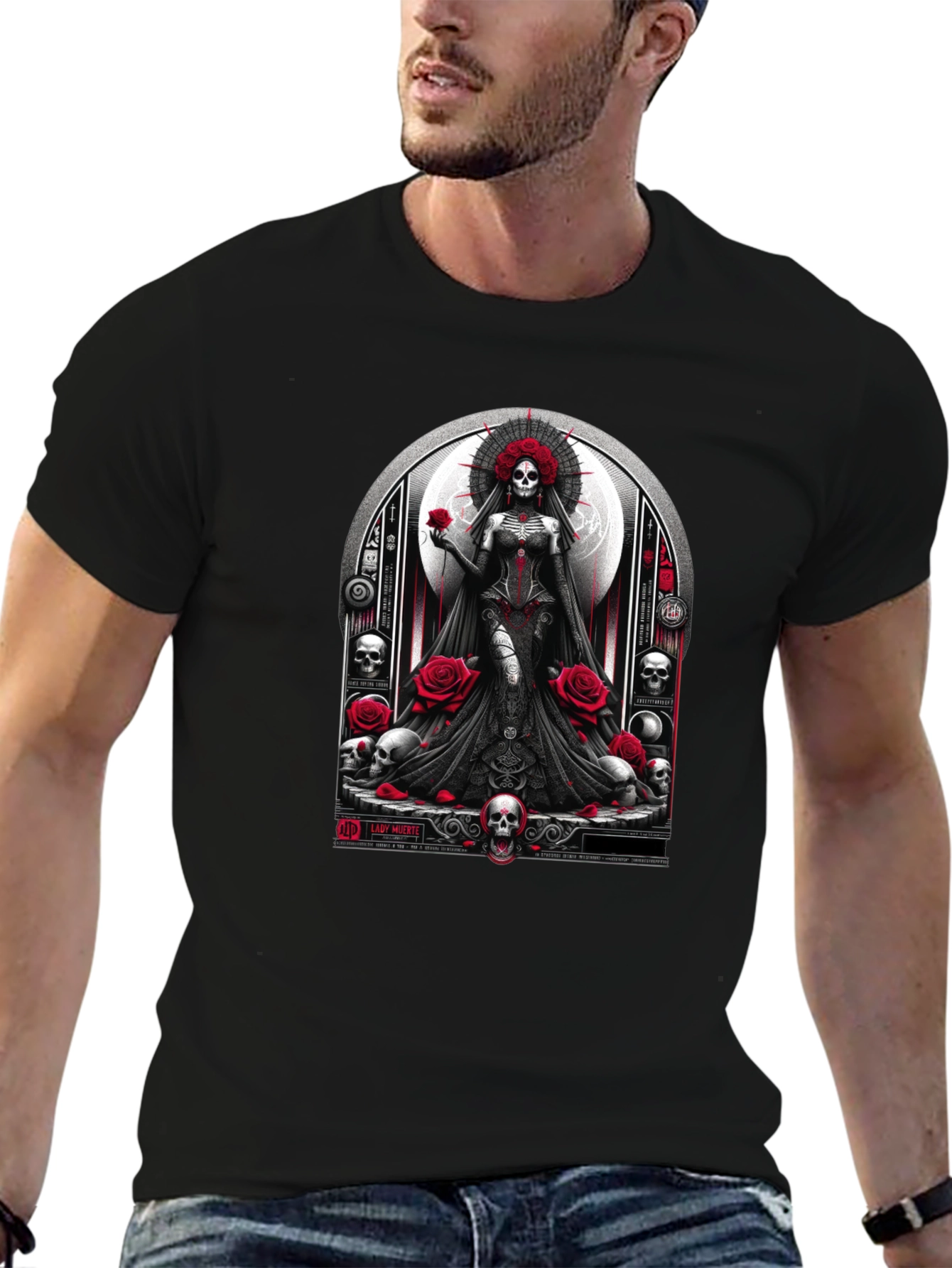 Lady Death T-Shirt - Gothic Skull & Roses Design
