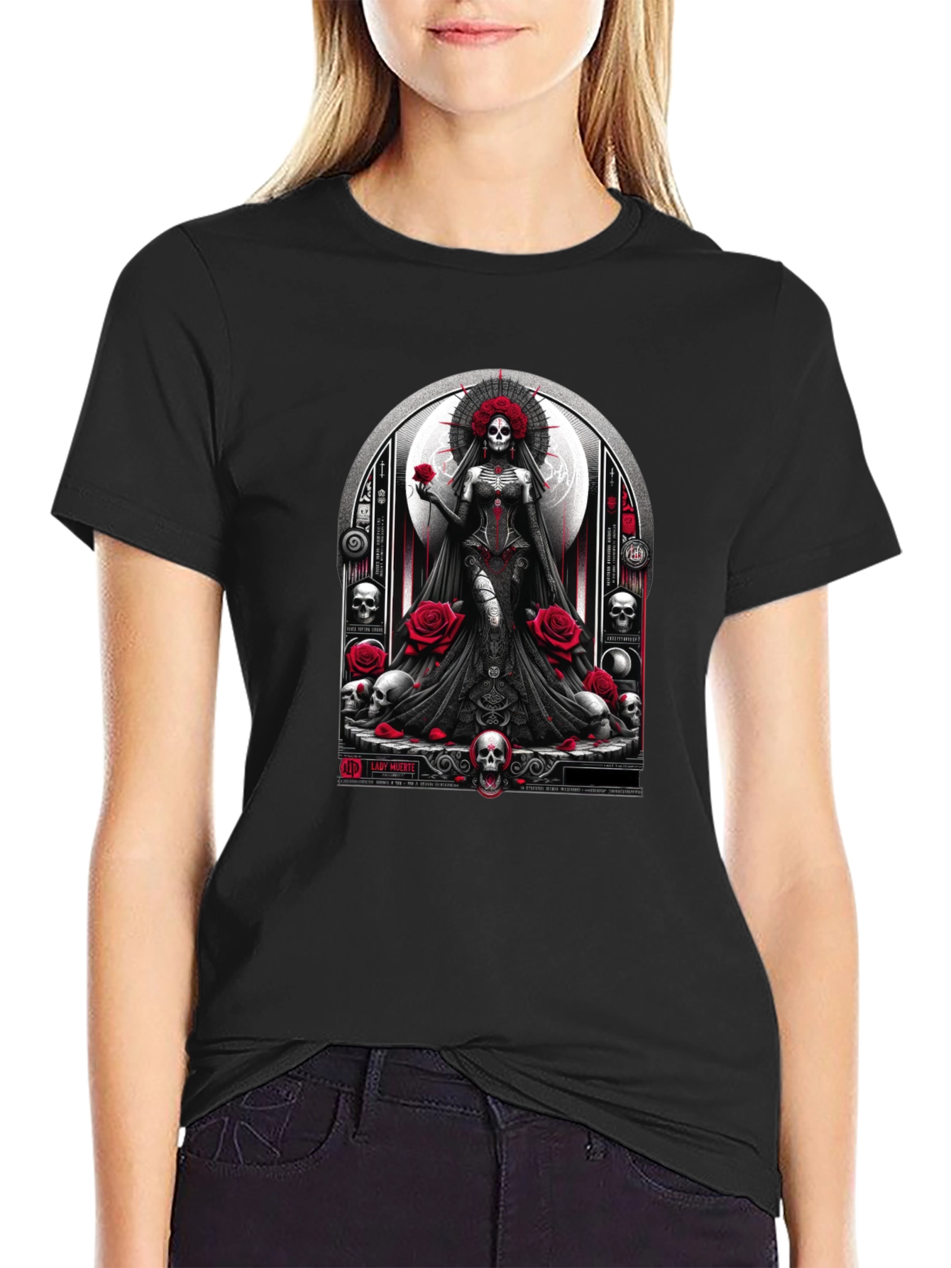 Lady Death T-Shirt - Gothic Skull & Roses Design