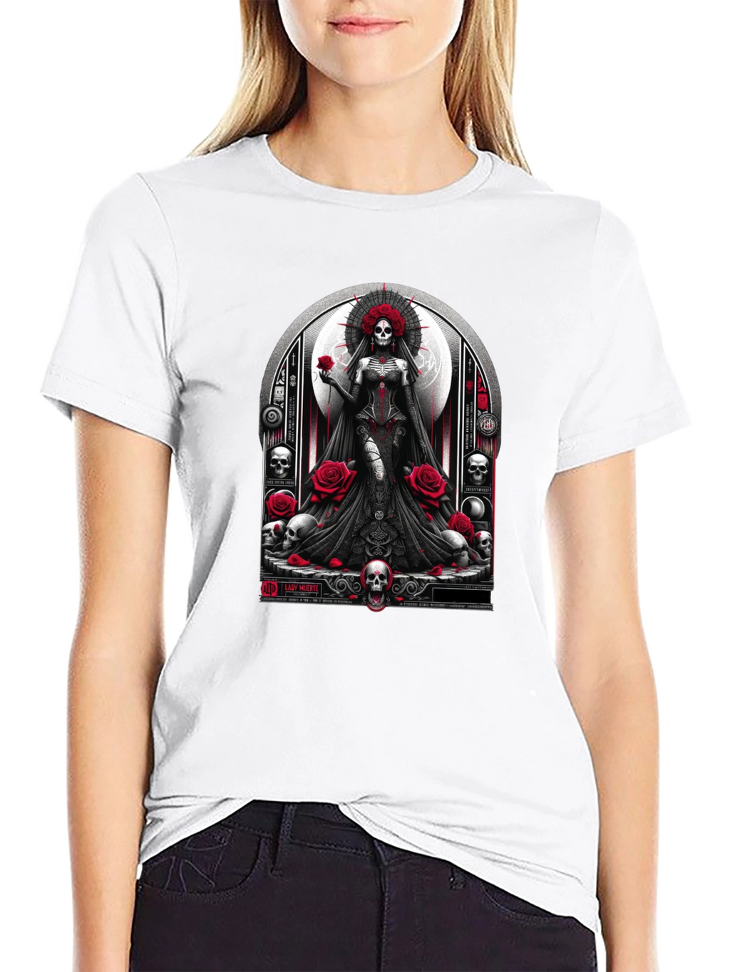 Lady Death T-Shirt - Gothic Skull & Roses Design