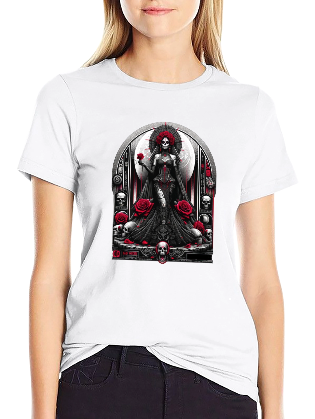 Lady Death T-Shirt - Gothic Skull & Roses Design