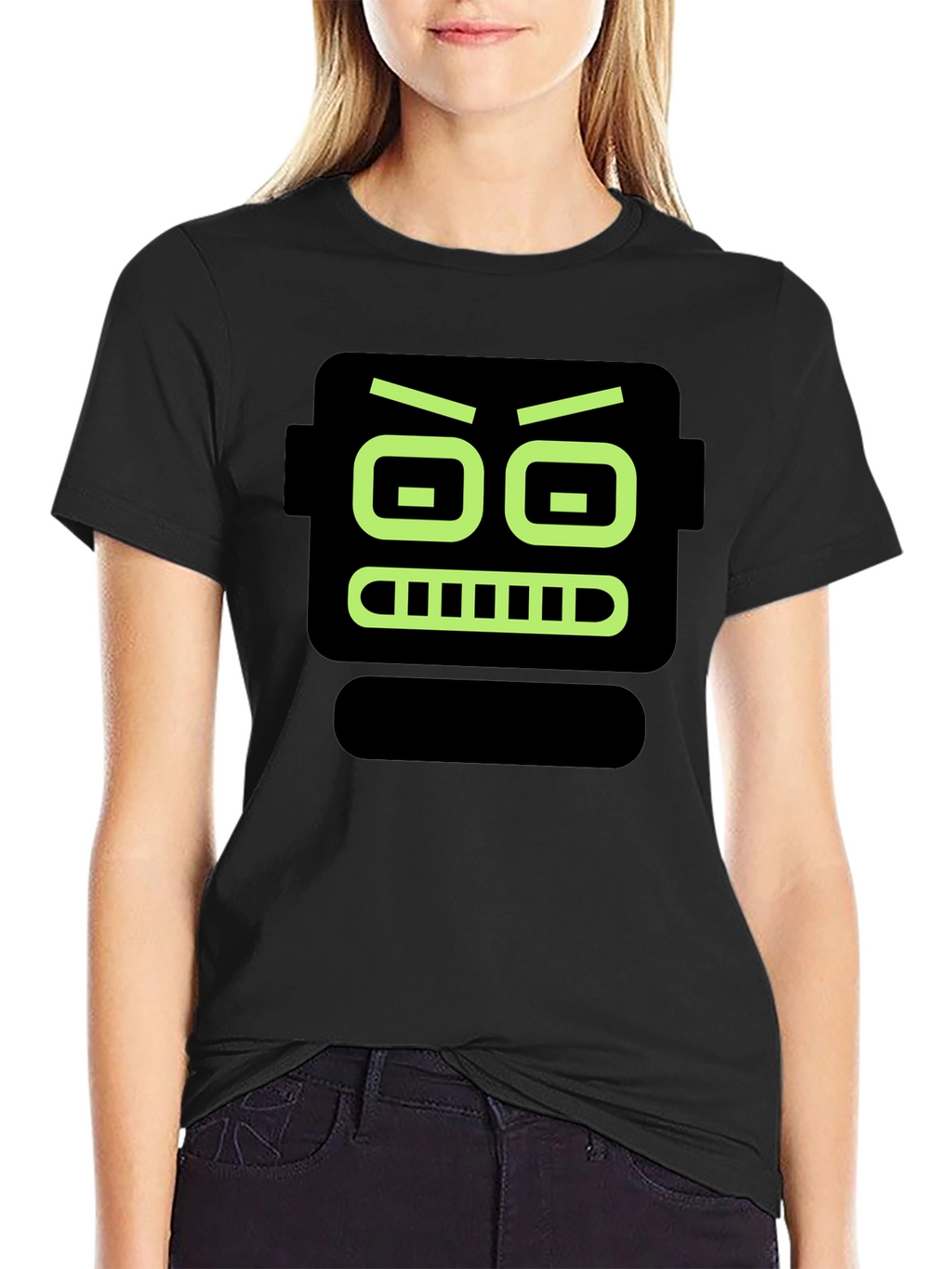 Robot Face Graphic Print Black T-Shirt
