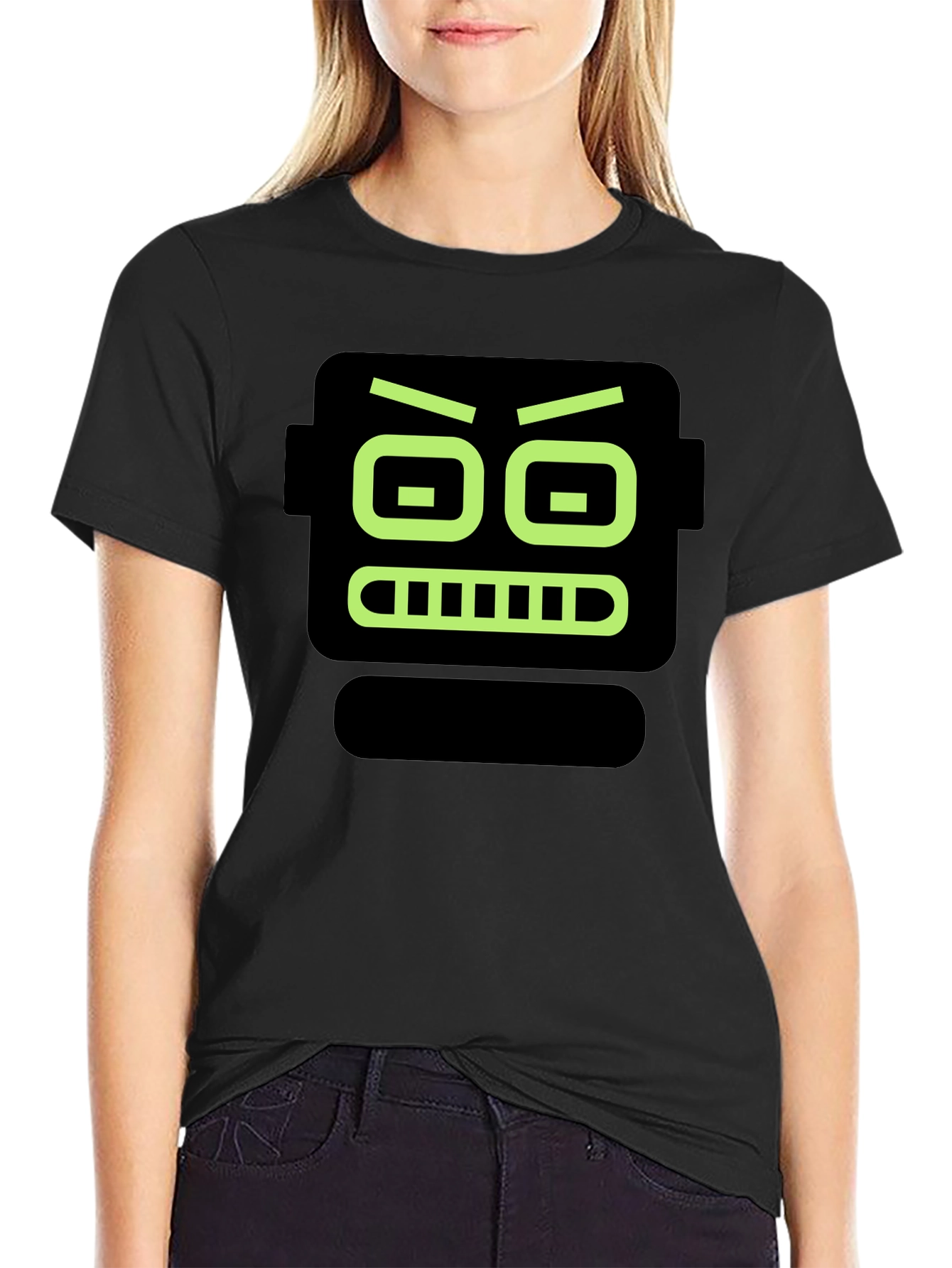 Robot Face Graphic Print Black T-Shirt