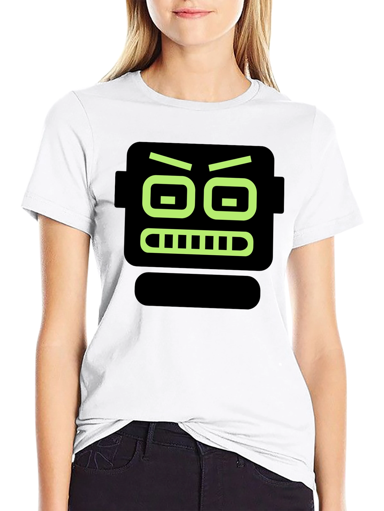 Robot Face Graphic Print Black T-Shirt