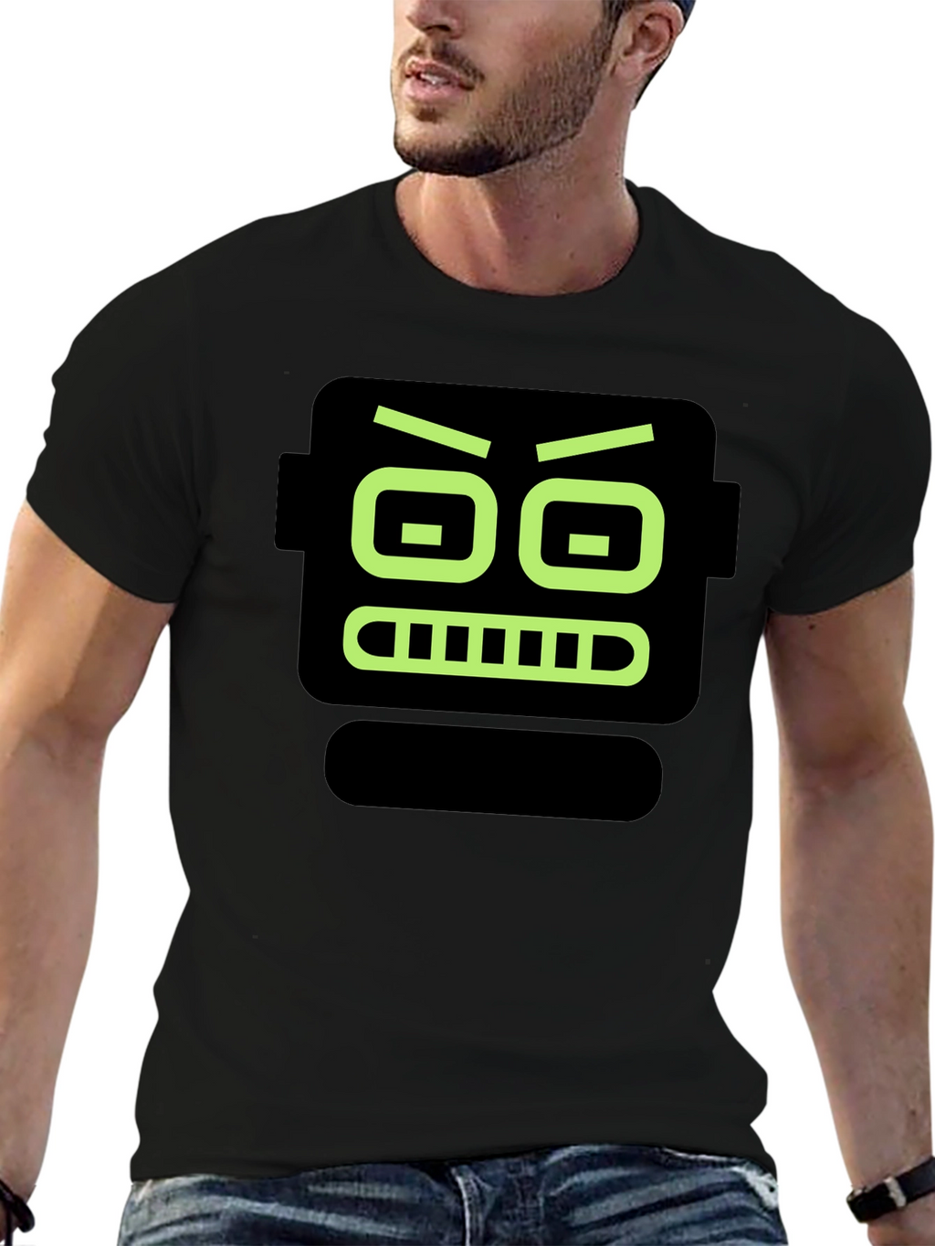 Robot Face Graphic Print Black T-Shirt