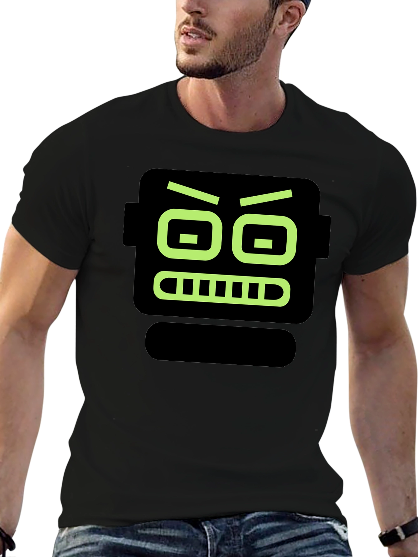 Robot Face Graphic Print Black T-Shirt