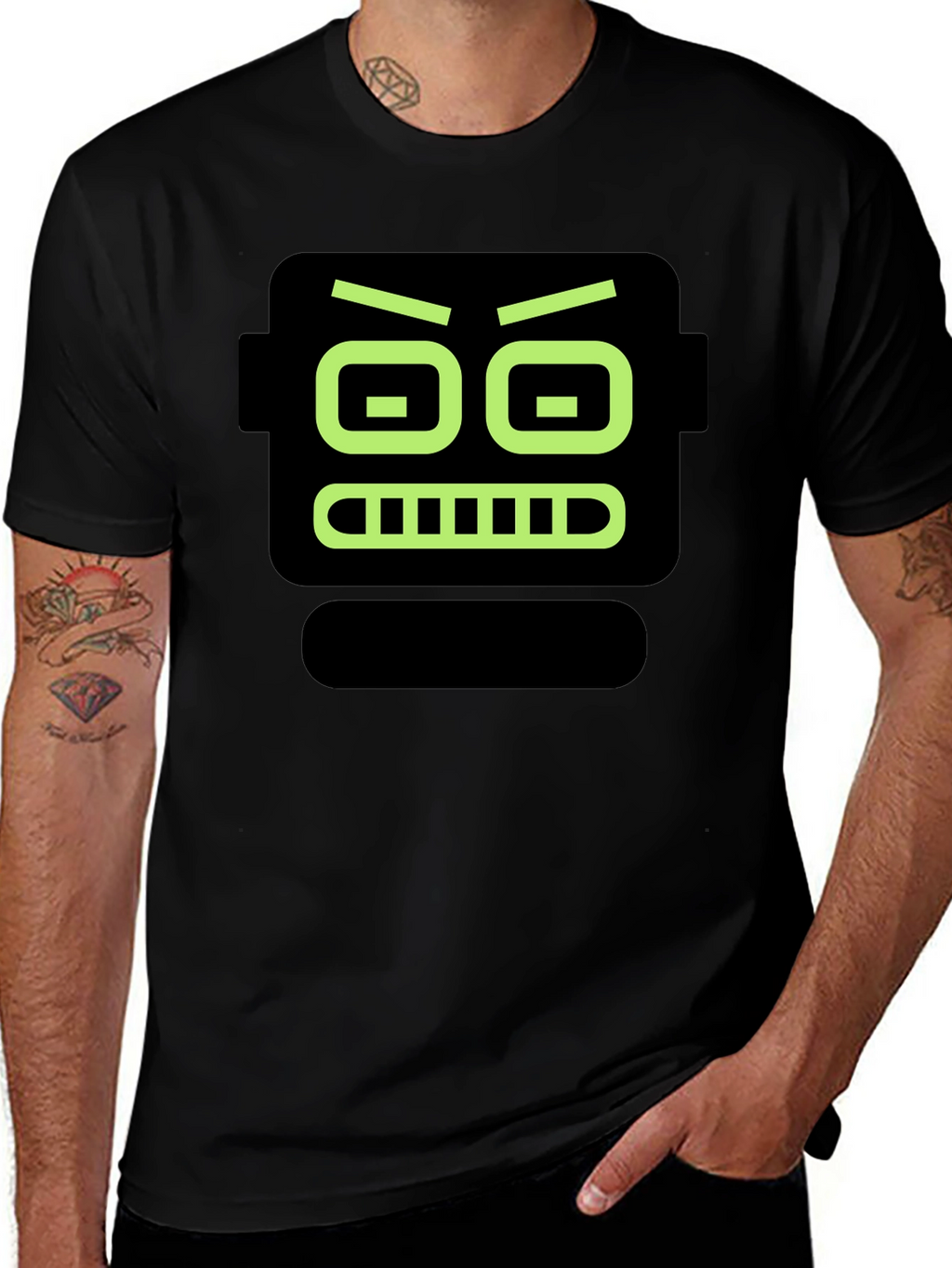 Robot Face Graphic Print Black T-Shirt