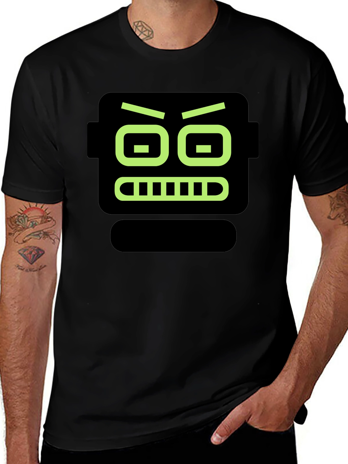 Robot Face Graphic Print Black T-Shirt